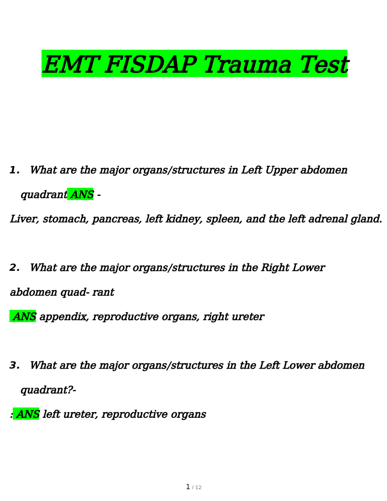 EMT FISDAP Trauma Test questions verified with 100% correct answers ...