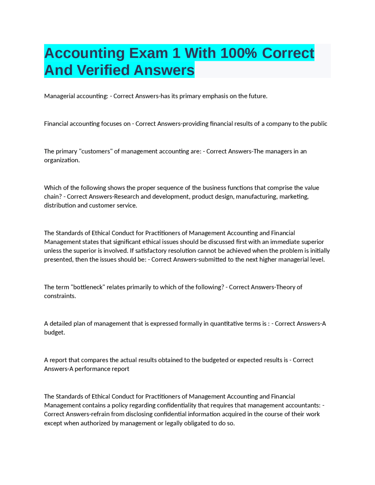 Accounting Exam 1 With 100% Correct And Verified Answers | Exams ...