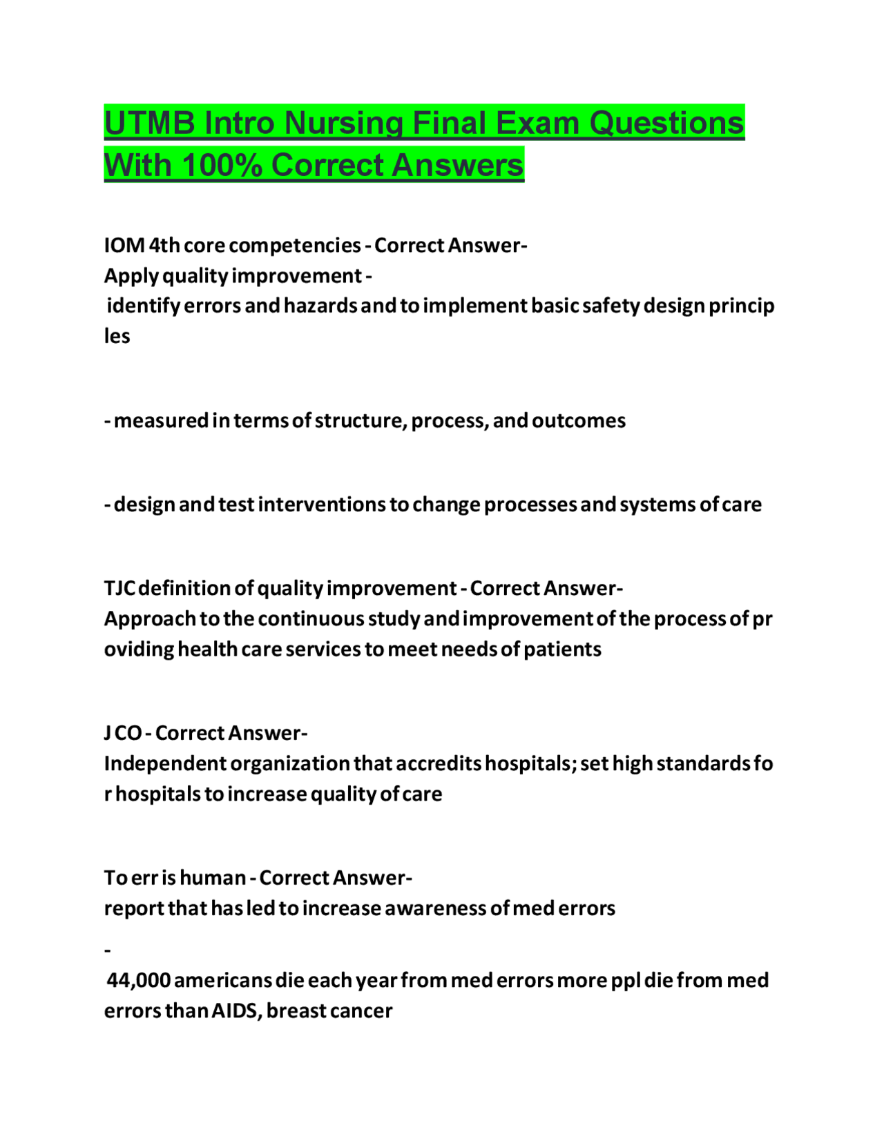 UTMB Intro Nursing Final Exam Questions With 100% Correct Answers ...