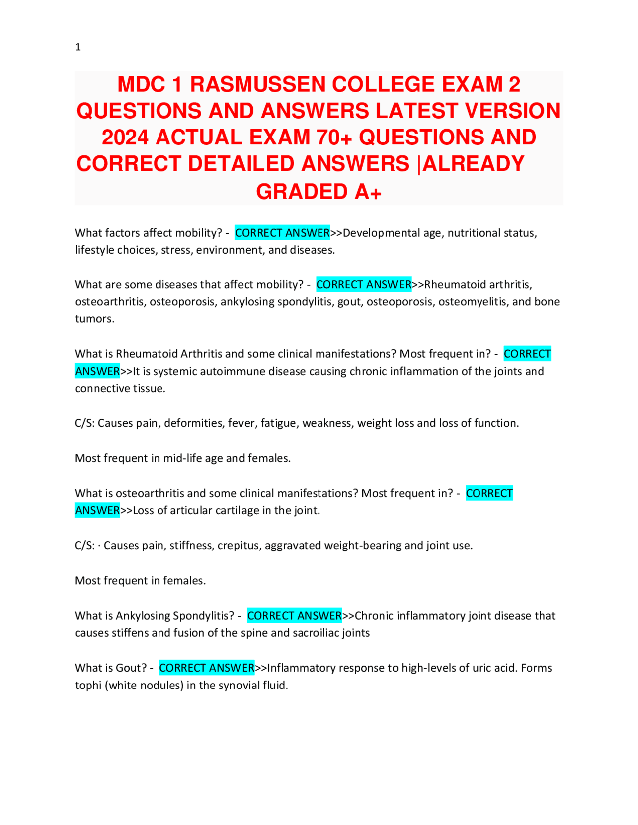 MDC 1 RASMUSSEN COLLEGE EXAM 2 QUESTIONS AND ANSWERS LATEST VERSION ...