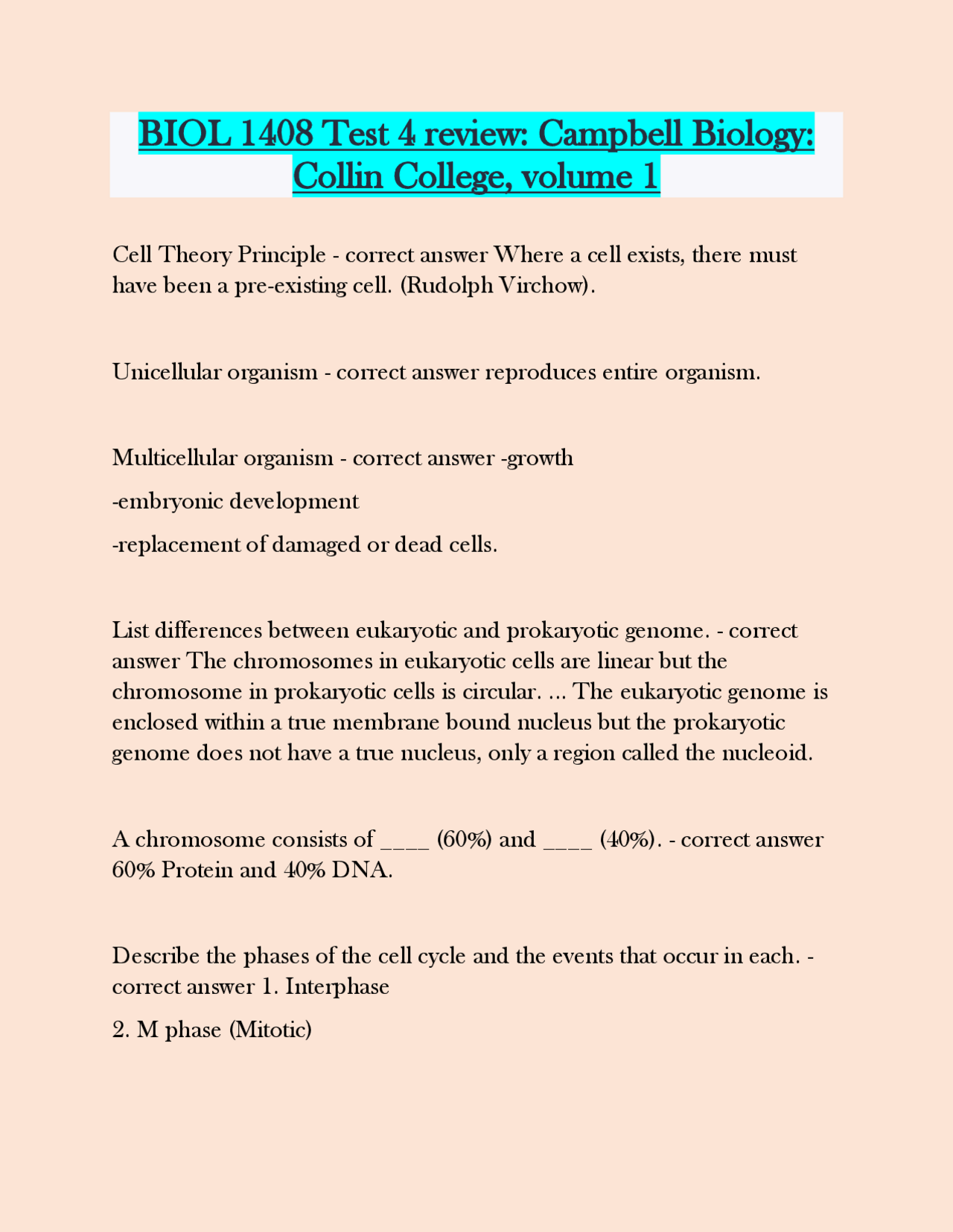 BIOL 1408 Test 4 review Campbell Biology Collin Questions answers ...