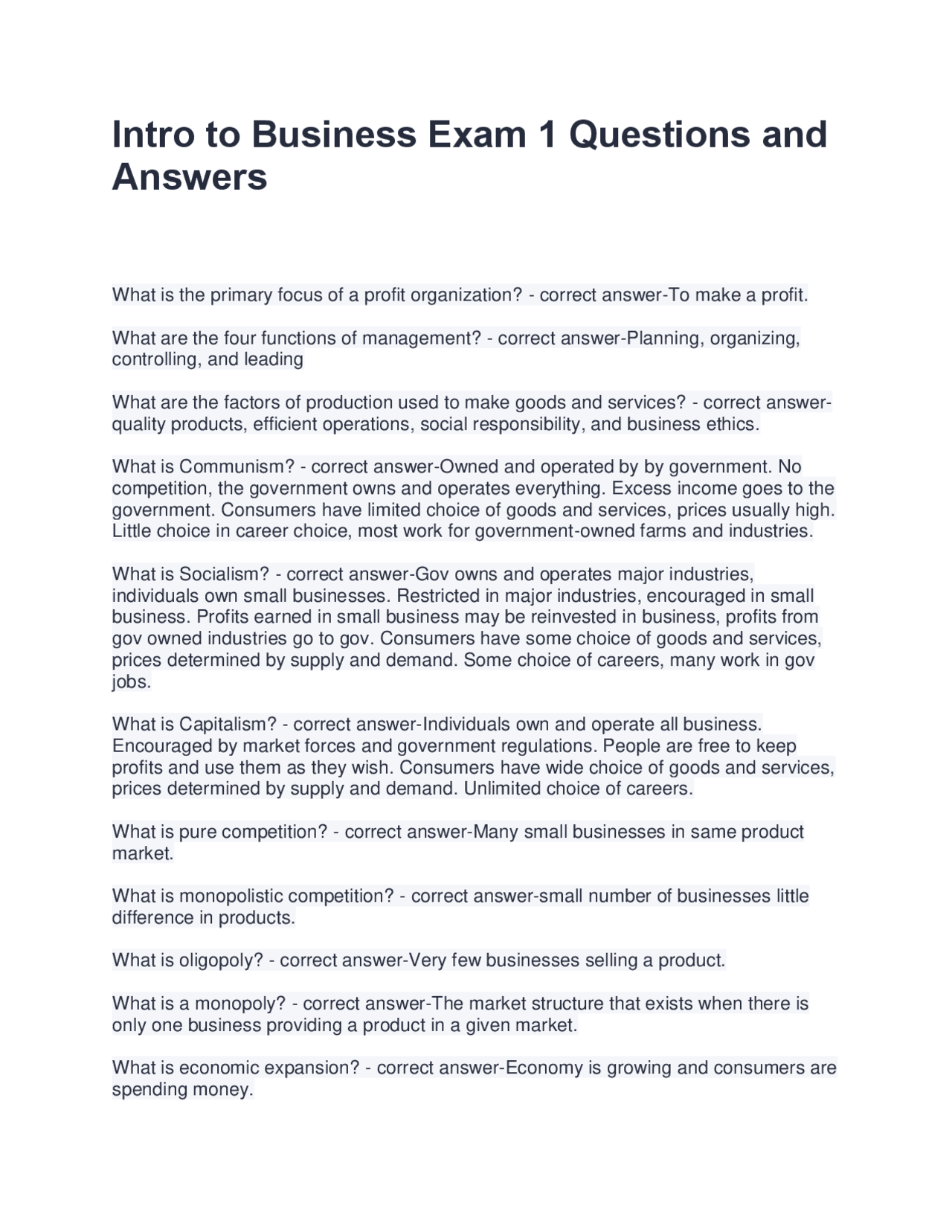 Intro to Business Exam 1 Questions and Answers | Exams Advanced ...