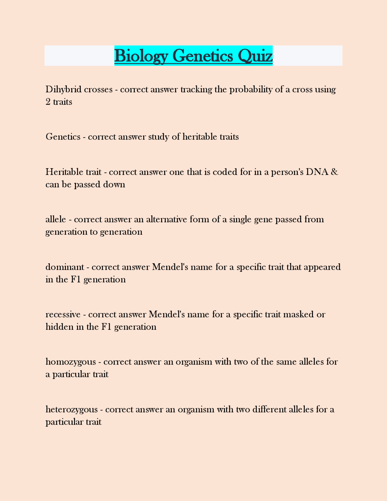 Biology Genetics Quiz Questions answers latest update | Exams Applied ...