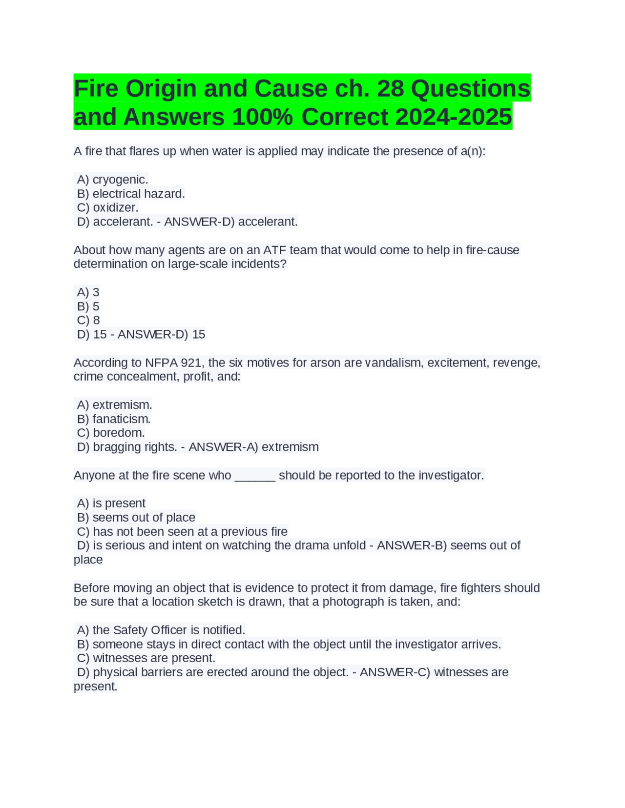 Fire Origin Form Fire Origin and Cause: Chapter 28 Questions and Answers | Exams Safety ...