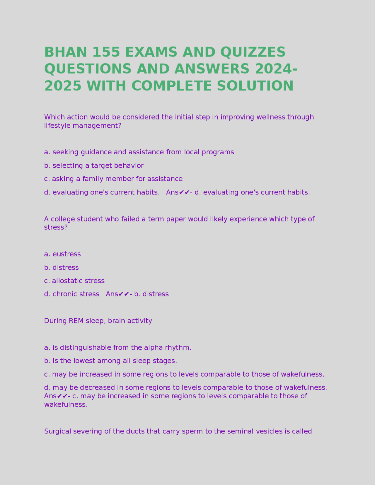 BHAN 155 Exams and Quizzes: Questions and Answers 2024-2025 with ...