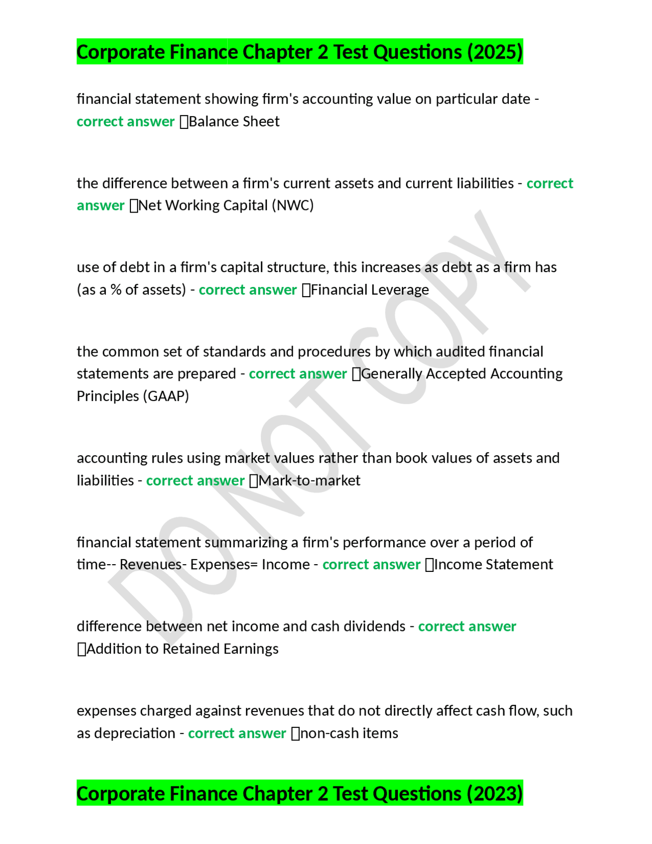 Corporate Finance Chapter 2 Test Questions | Exams Nursing | Docsity