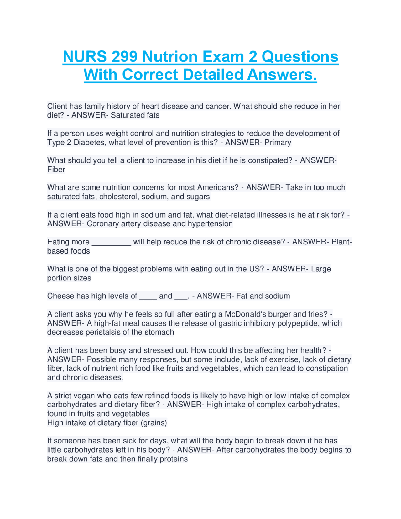 NURS 299 Nutrition Exam 2 Questions and Answers | Exams Nursing | Docsity
