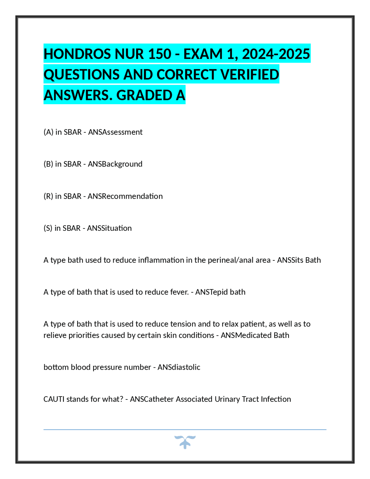 HONDROS NUR 150 - EXAM 1, 2024-2025: Questions and Answers | Exams ...