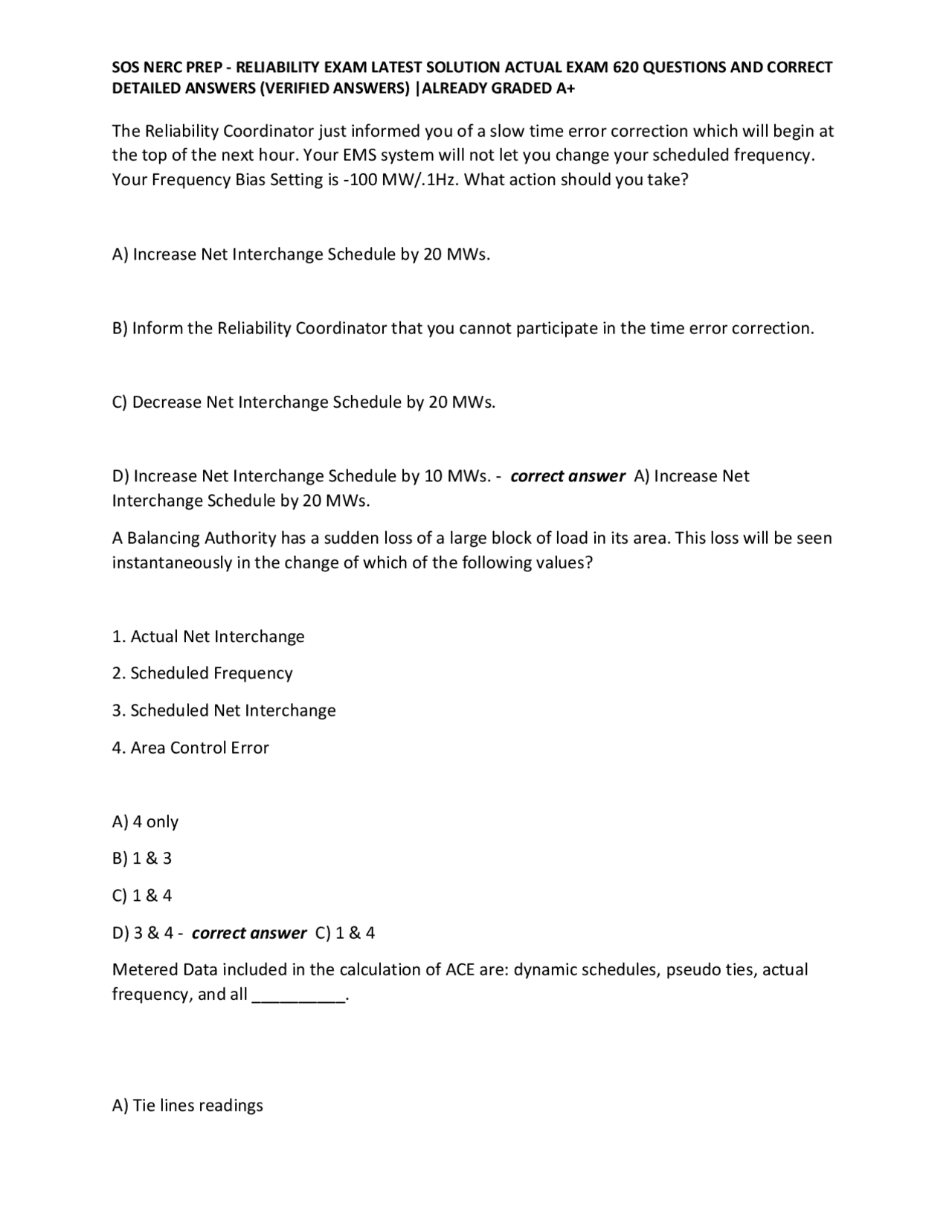 Reliability Exam Question SOS NERC PREP - RELIABILITY EXAM LATEST SOLUTION ACTUAL EXAM 620 ...