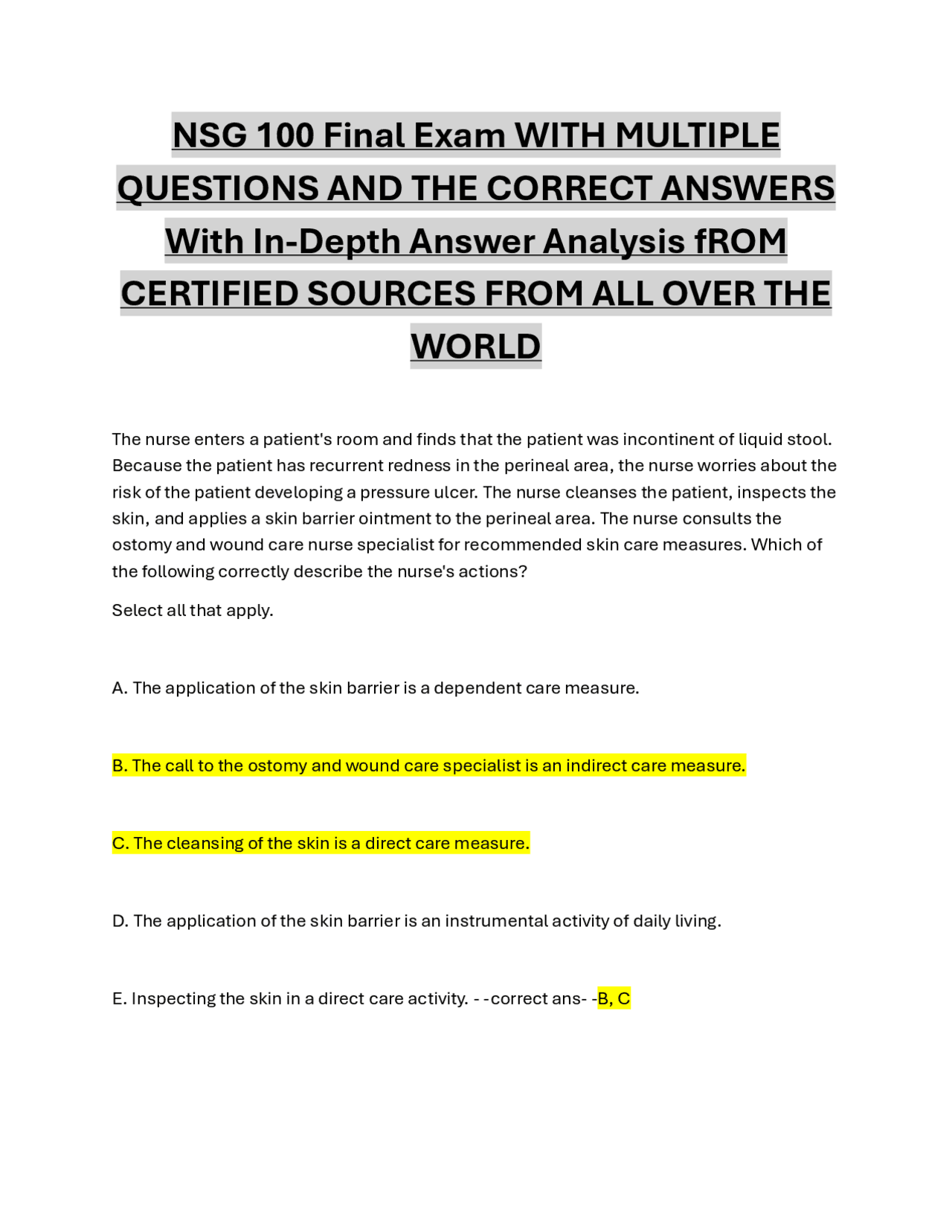 NSG 100 Final Exam 2025 | Multiple Questions with Correct Answers ...