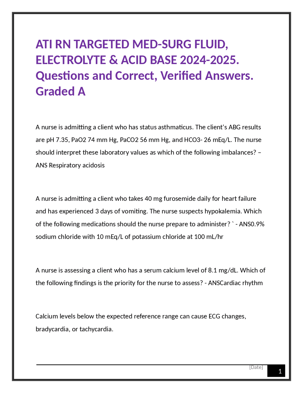 ATI RN Targeted Med-Surg Fluid, Electrolyte & Acid Base 2024-2025 ...