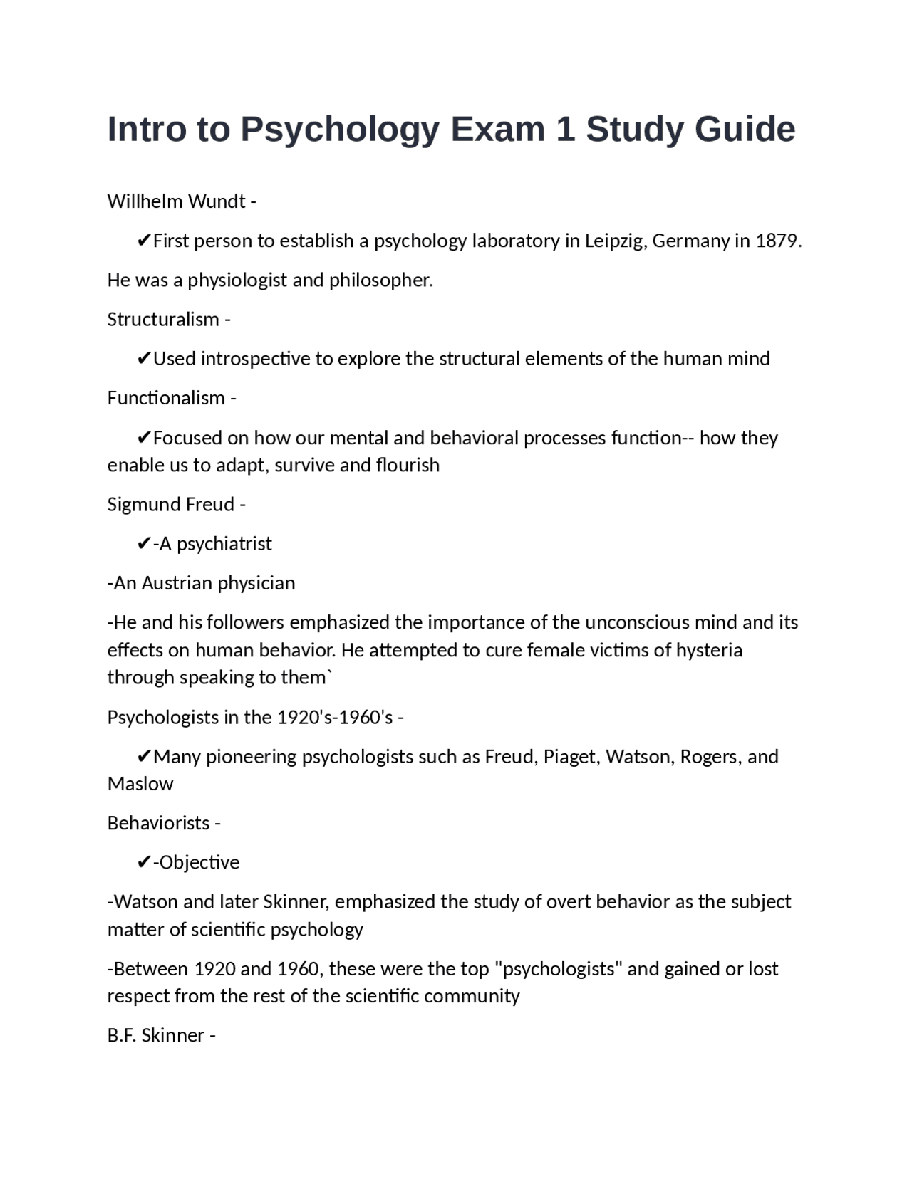 Intro to Psychology Exam 1 Study Guide: Key Concepts and Pioneers ...