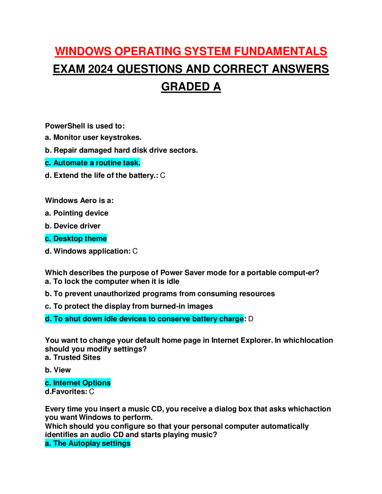 WINDOWS OPERATING SYSTEM FUNDAMENTALS EXAM 2024 QUESTIONS AND CORRECT