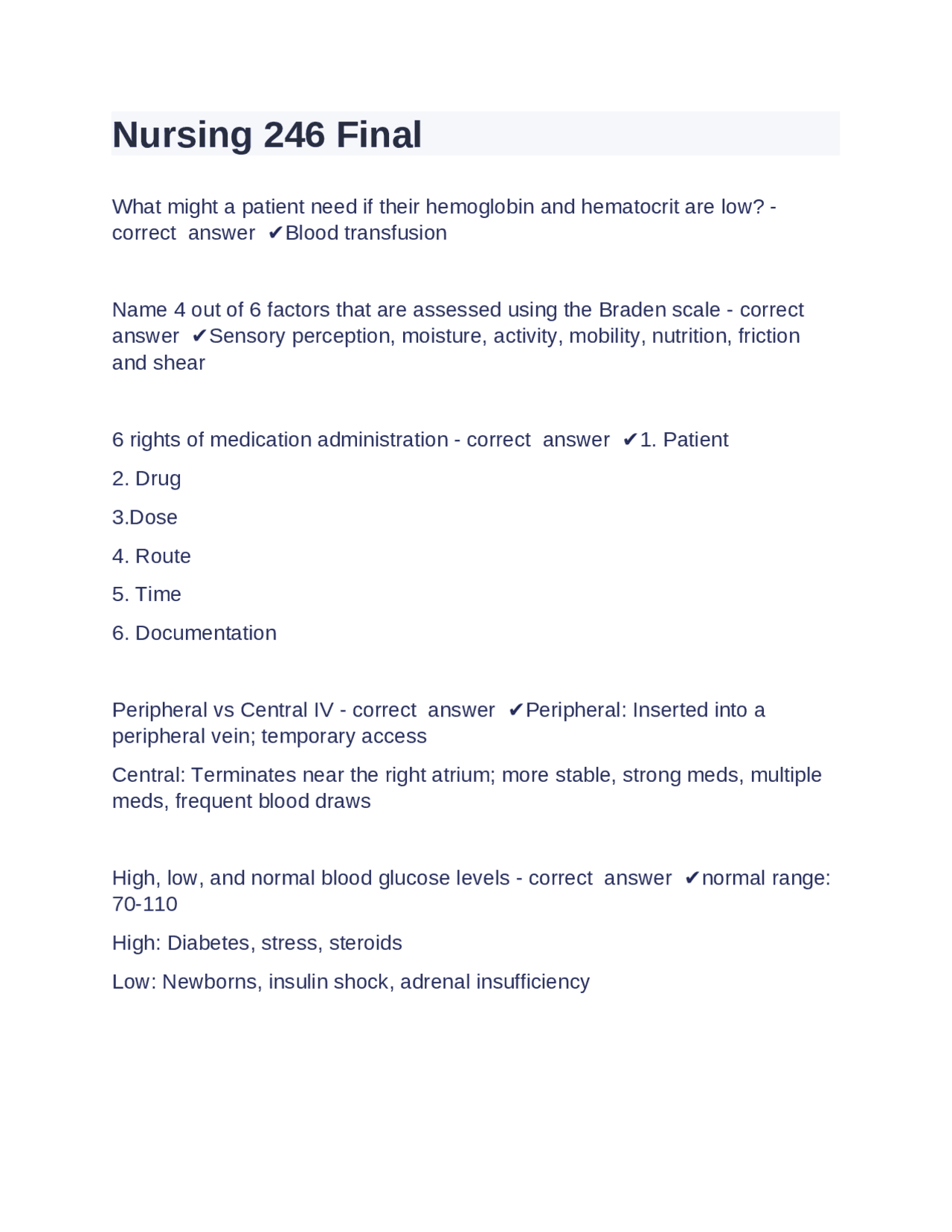 Nursing 246 Final Exam Review: Key Concepts and Practice Questions ...