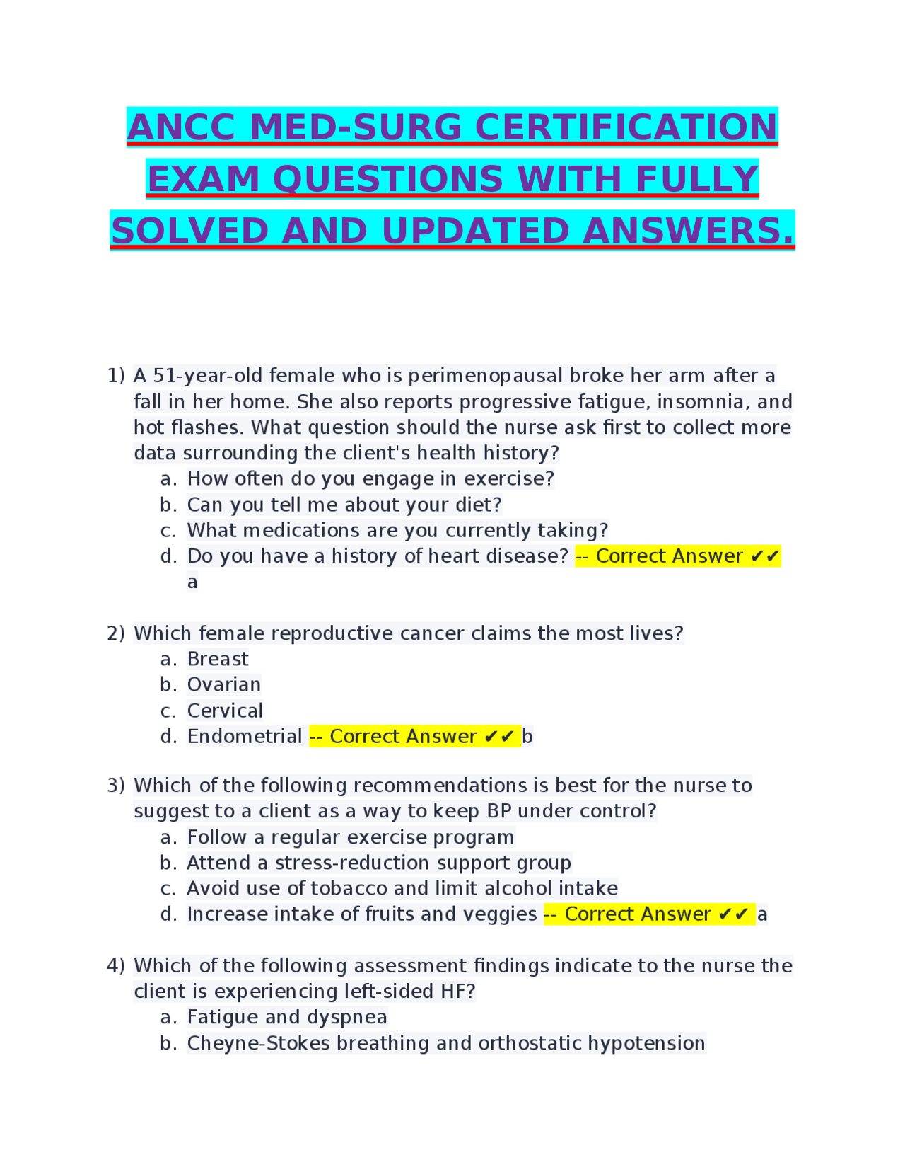 ANCC MED-SURG Certification Exam Questions and Answers | Exams Nursing ...