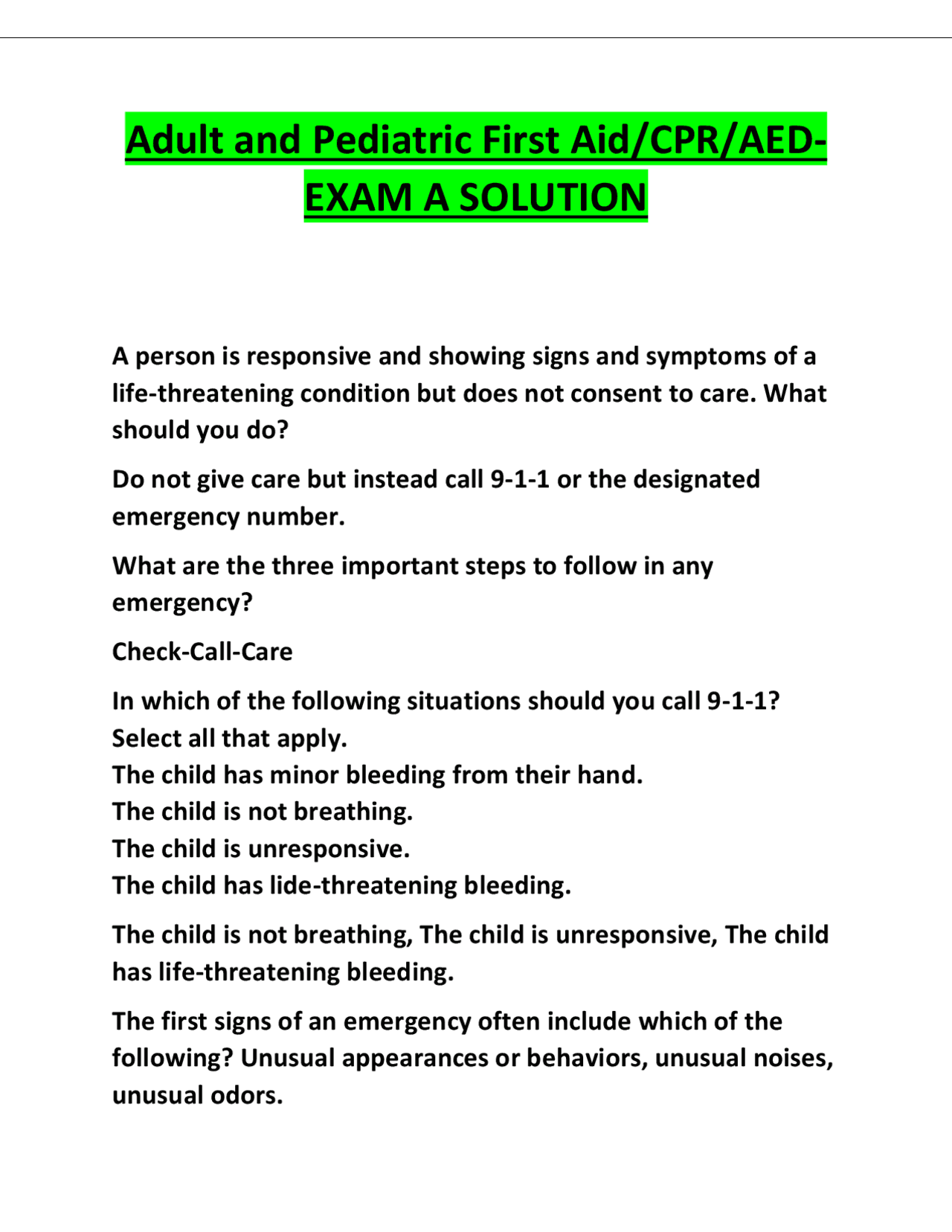 First Aid/CPR/AED Exam A Solutions: Multiple Choice Questions and ...