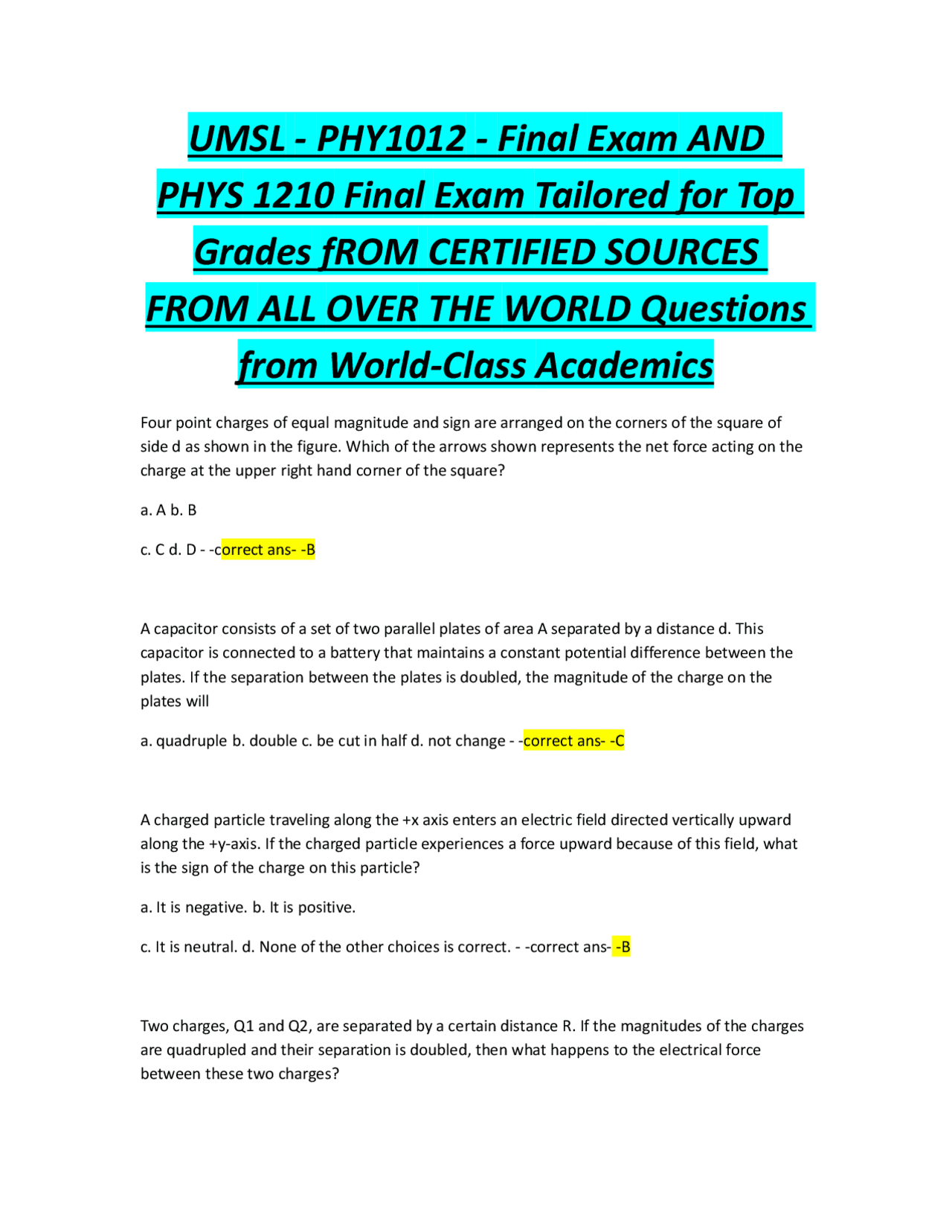 Physics 1012/1210 Final Exam Practice Questions: Electromagnetism and ...