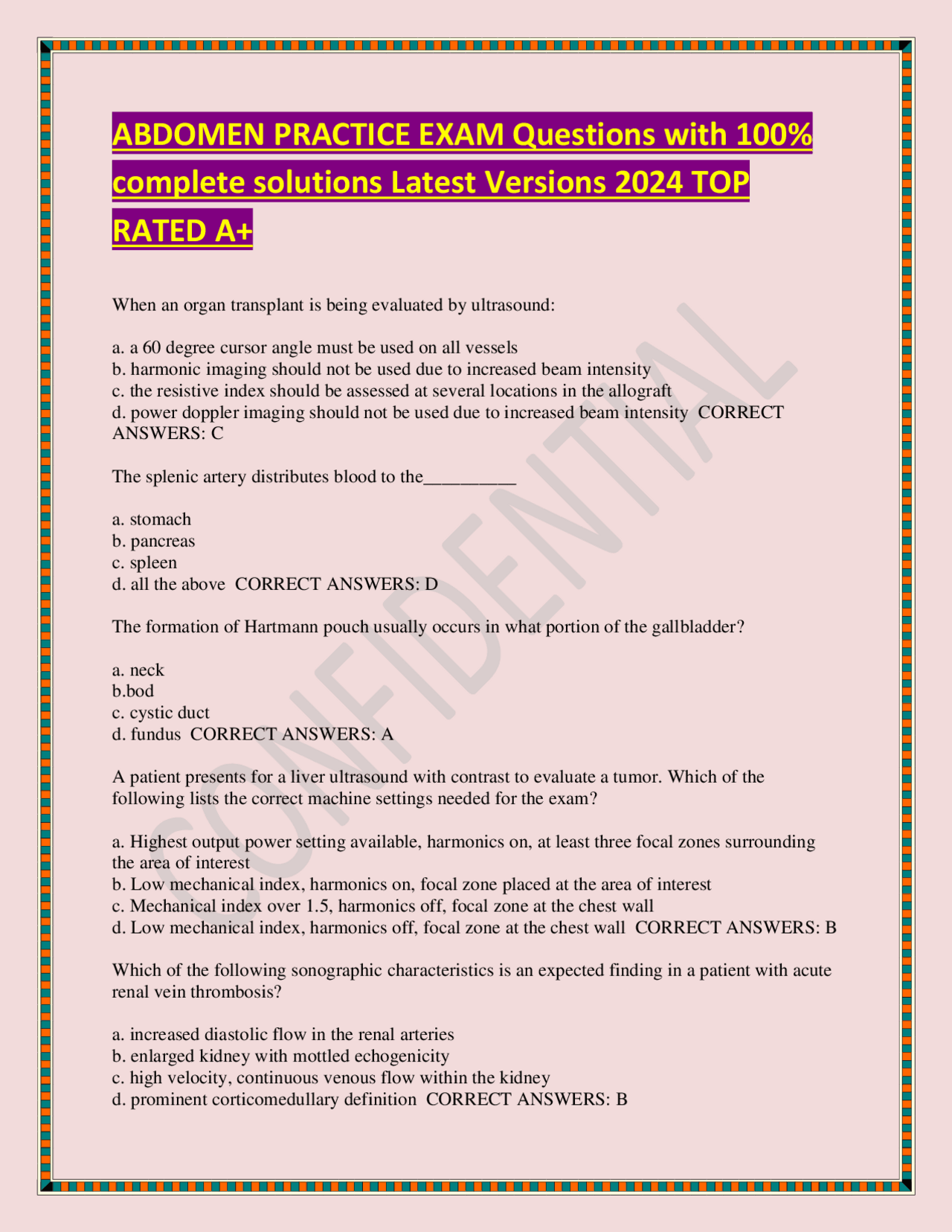 Abdomen Ultrasound Practice Exam Questions and Answers | Exams Nursing ...