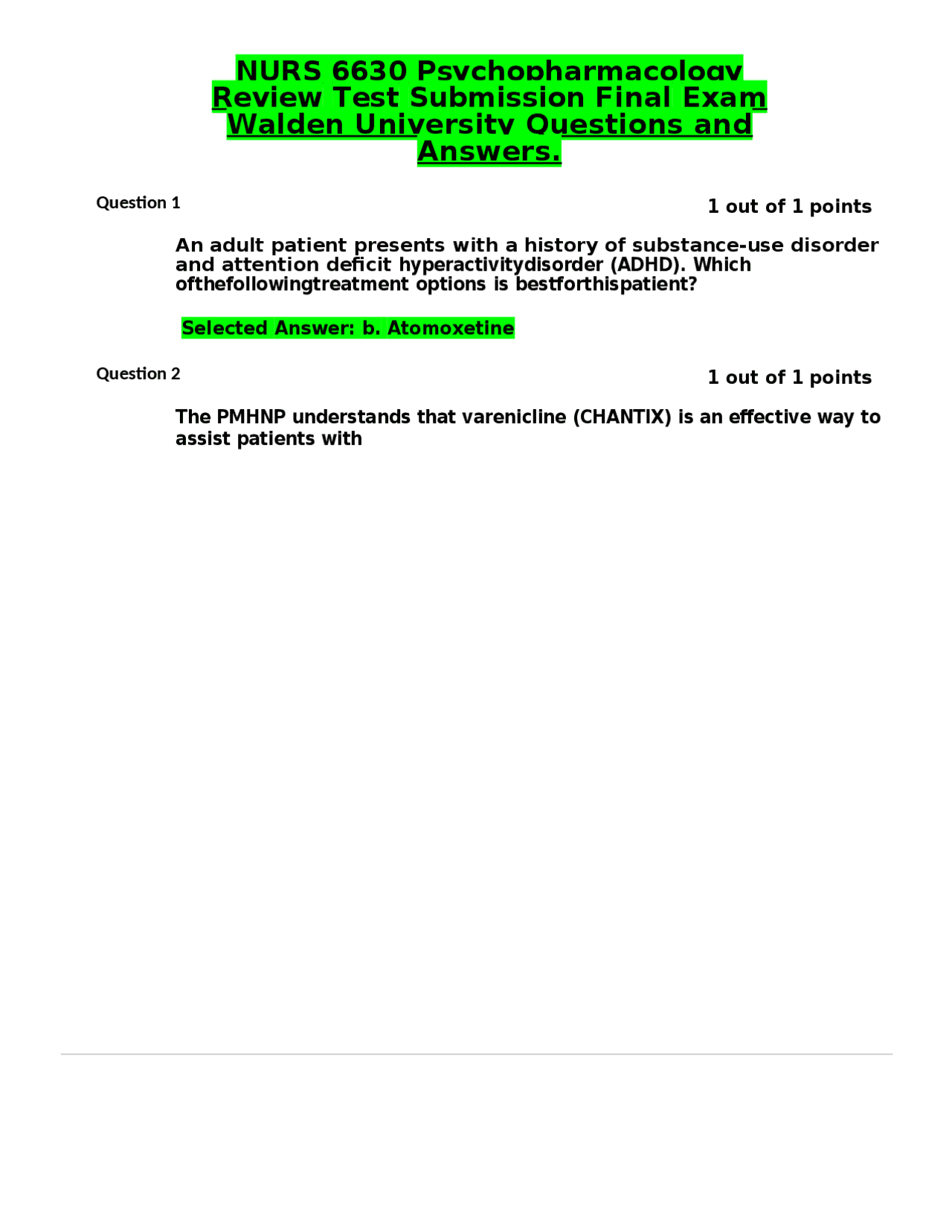 NURS 6630 Psychopharmacology Review Test Submission Final Exam Walden ...