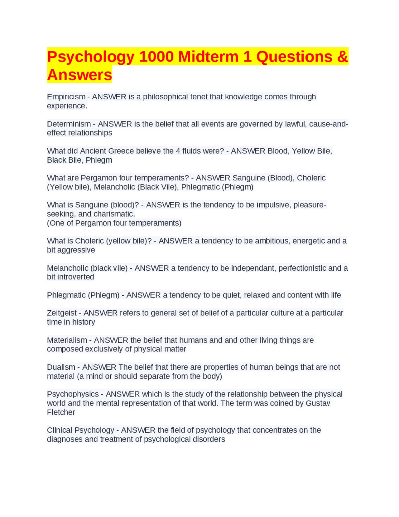 Psychology 1000 Midterm 1 Questions & Answers | Exams Nursing | Docsity