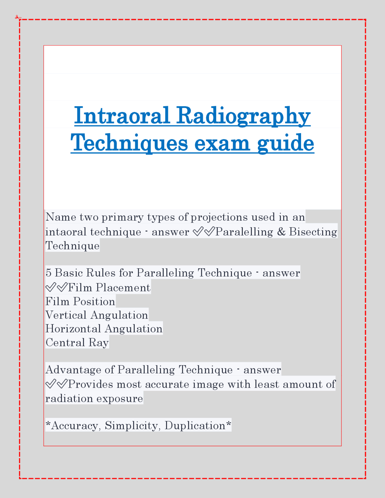 Intraoral Radiography Techniques exam guide | Exams Nursing | Docsity