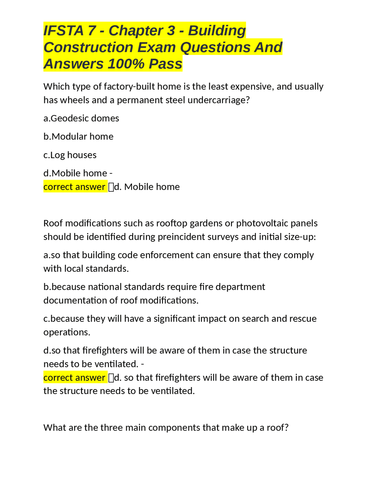 IFSTA 7 - Chapter 3 - Building Construction Exam Questions and Answers ...