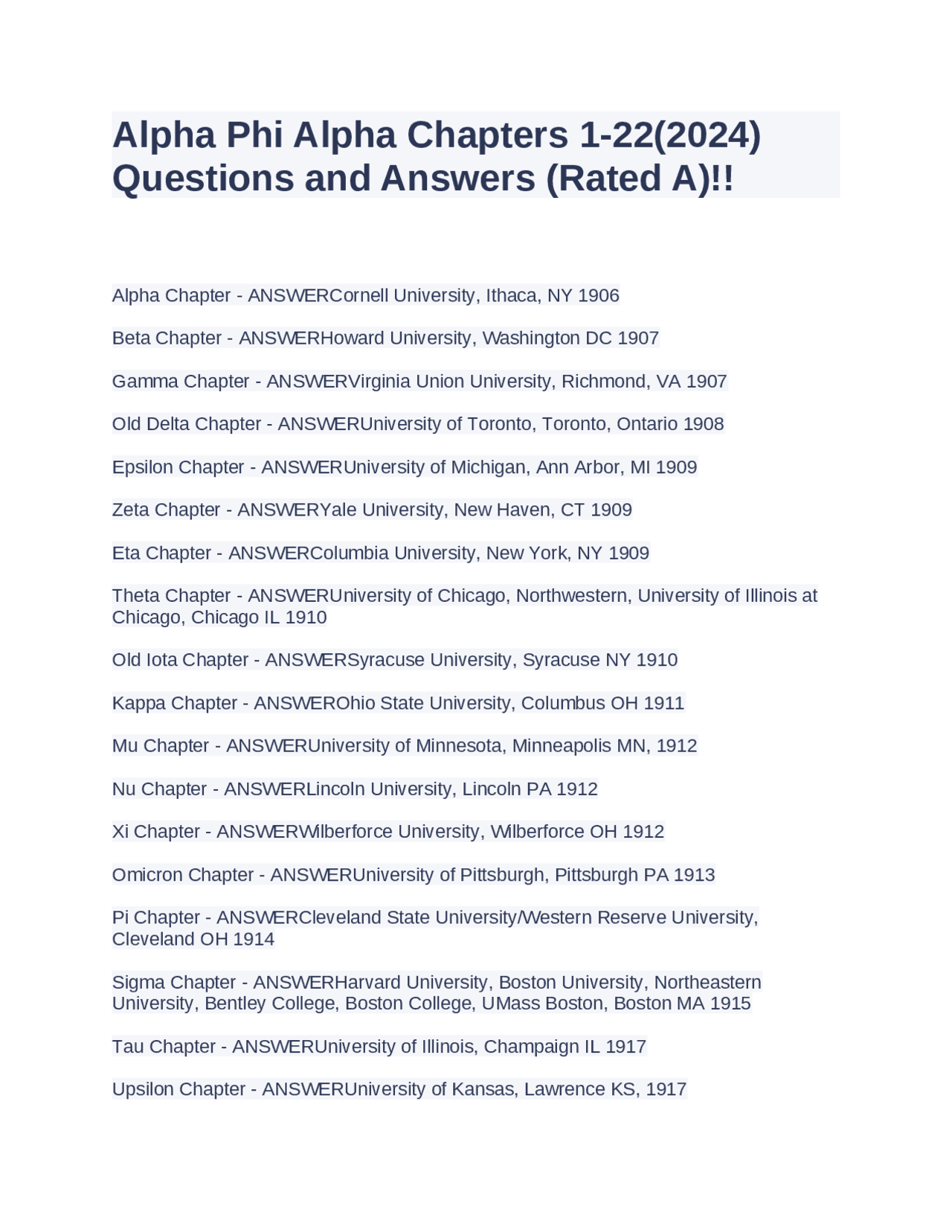 Uncommon Alpha Chapter 1 Alpha Phi Alpha Chapters 1-22(2024) Questions and Answers (Rated A ...