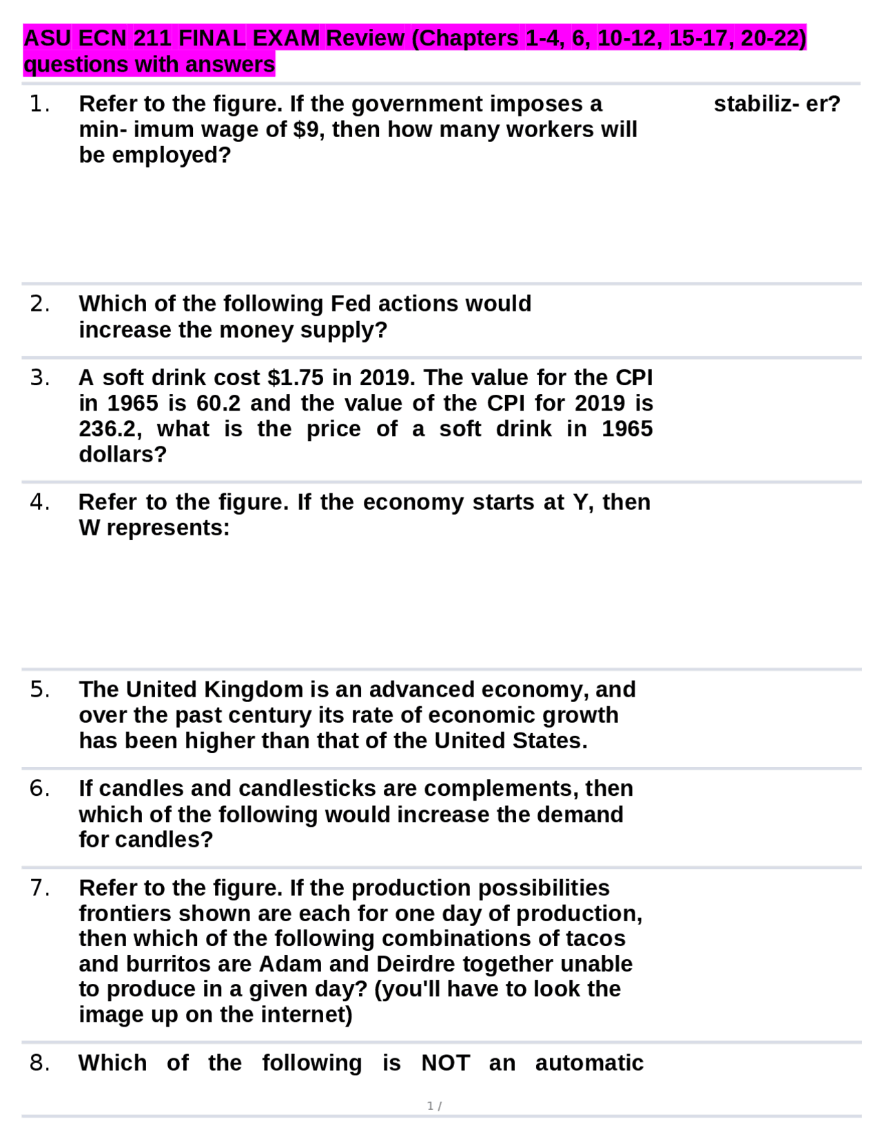 ASU ECN 211 Final Exam Review: Questions and Answers | Exams Nursing ...