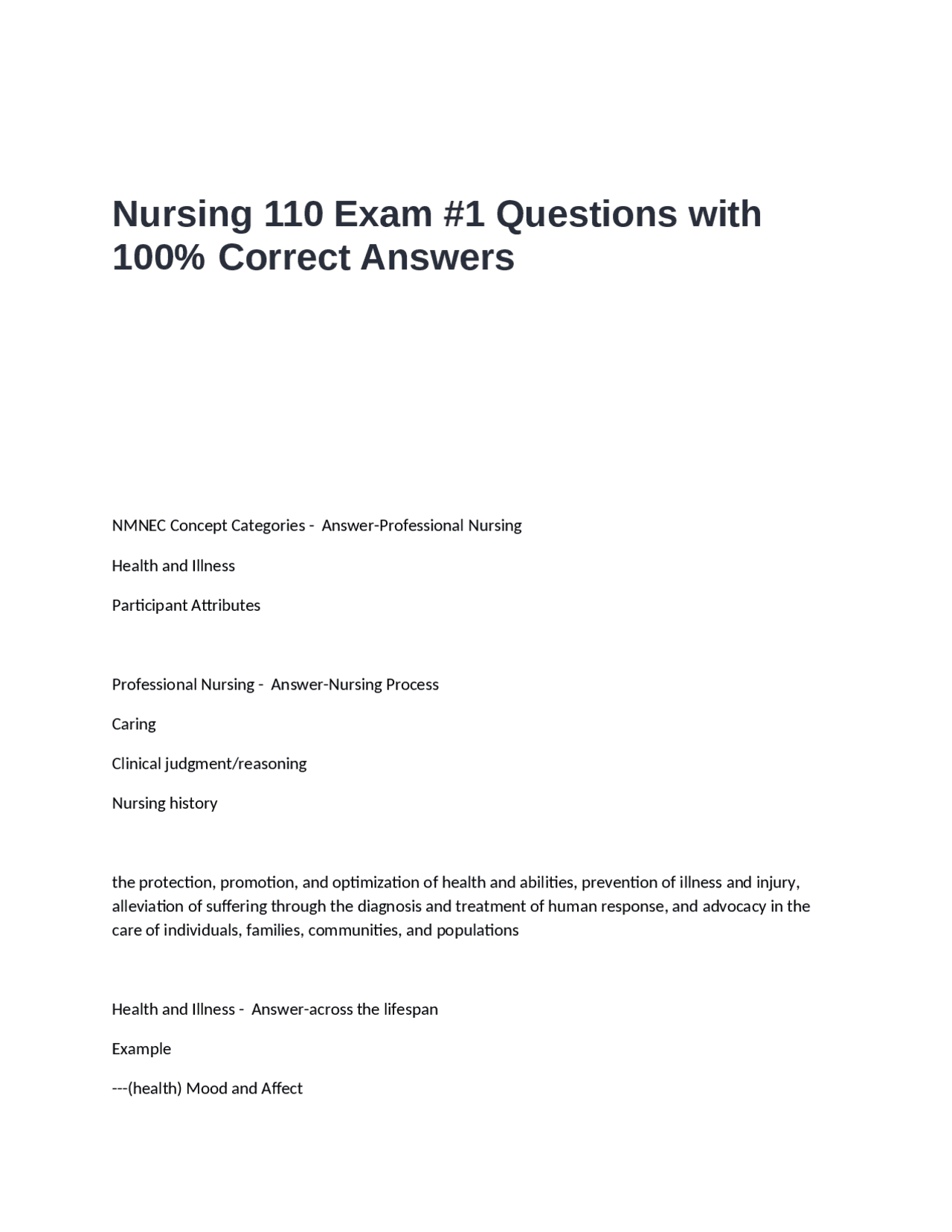 Nursing 110 Exam #1 Questions and Answers: A Comprehensive Guide to ...