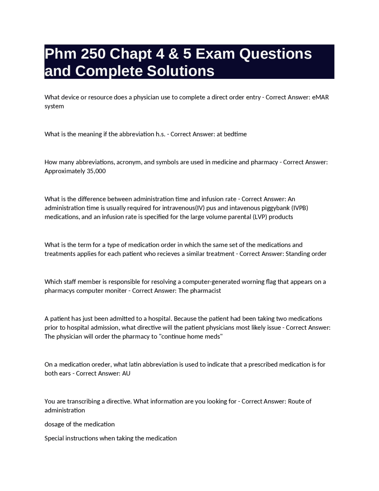 Phm 250 Chapter 4 & 5 Exam Questions and Complete Solutions | Exams ...