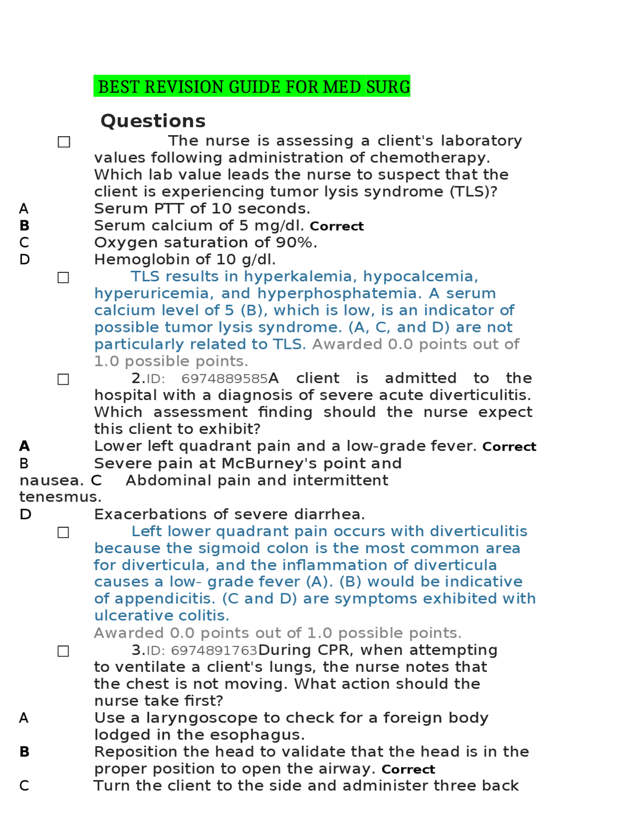 Med-Surg Nursing Practice Questions: A Revision Guide | Exams Nursing | Docsity