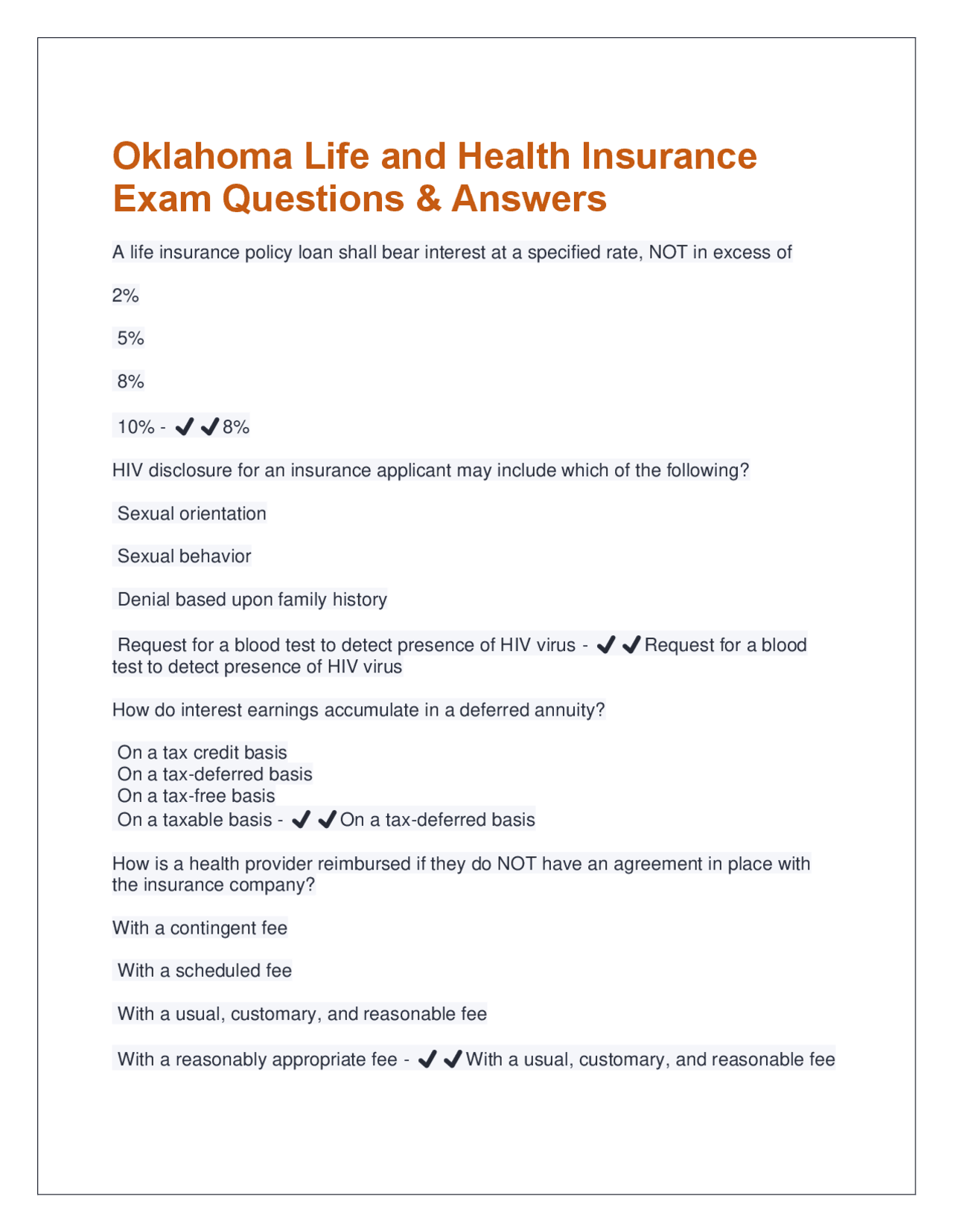Oklahoma Life and Health Insurance Exam Questions &amp; Answers | Exams Insurance Economics | Docsity