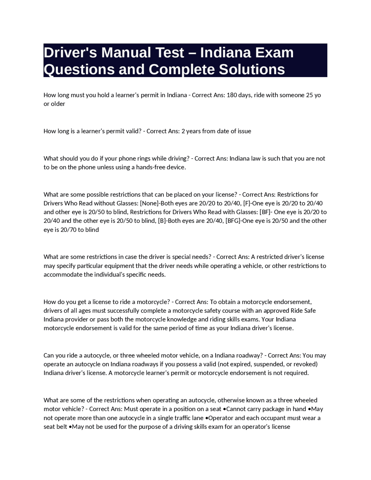 Driver's Manual Test – Indiana Exam Questions and Complete Solutions ...