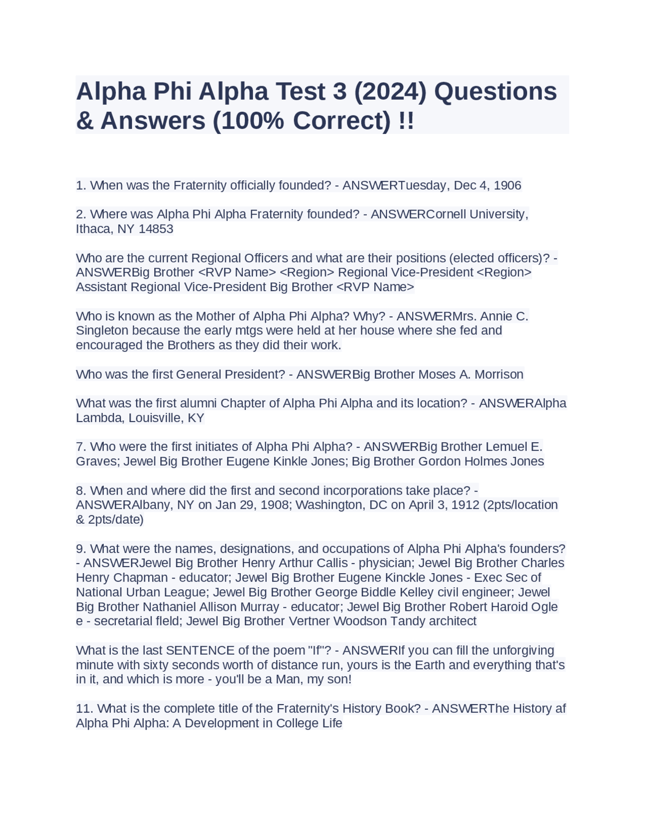 Alpha Phi Alpha Fraternity Test Questions and Answers | Exams Social ...