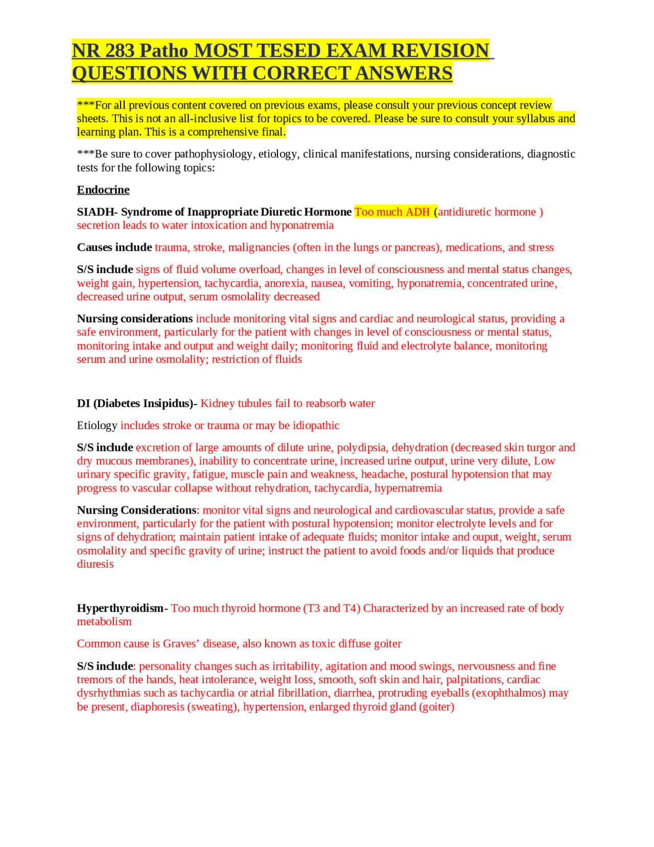 NR 283 Patho MOST TESED EXAM REVISION QUESTIONS WITH CORRECT ANSWERS ...