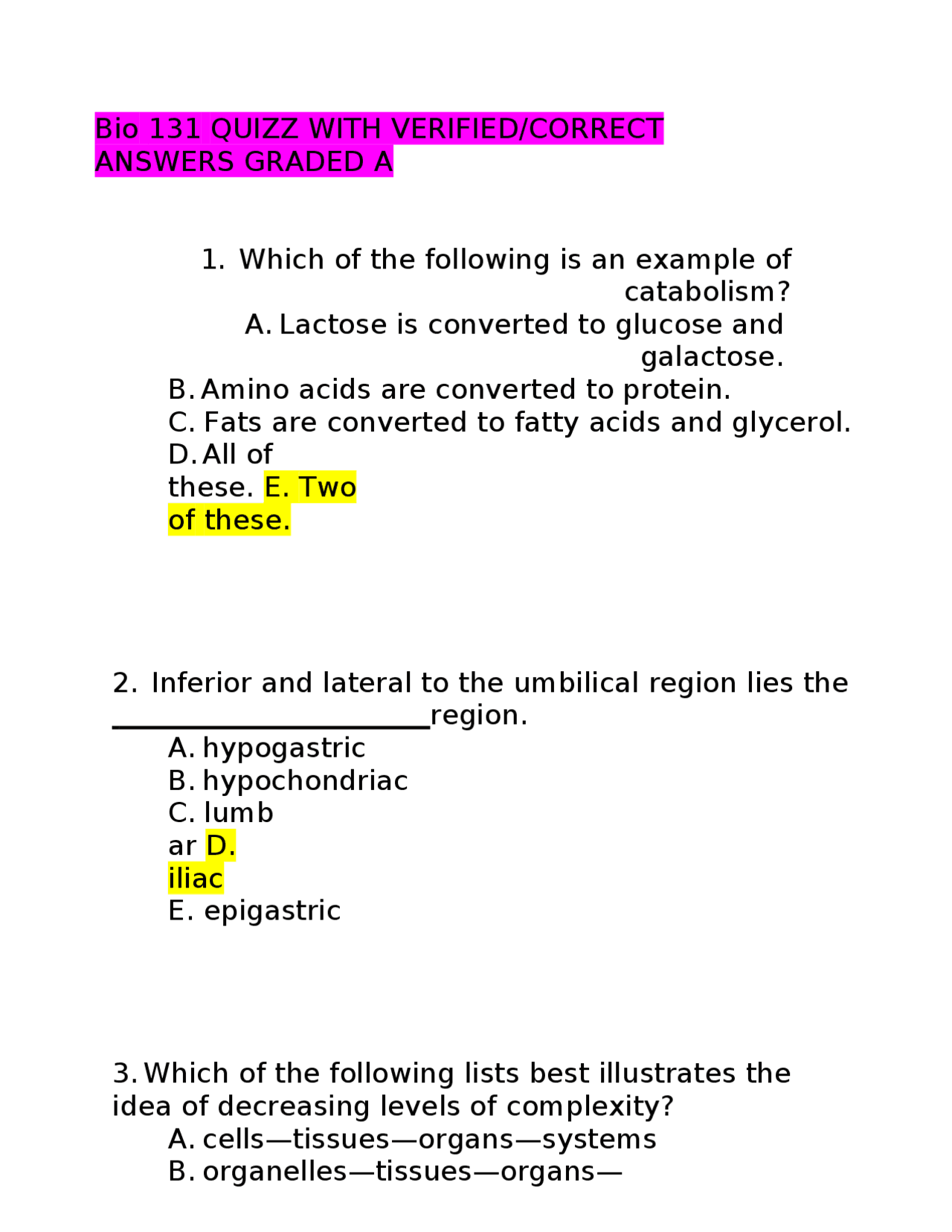 Bio 131 Quiz with Verified Answers | Exams Nursing | Docsity