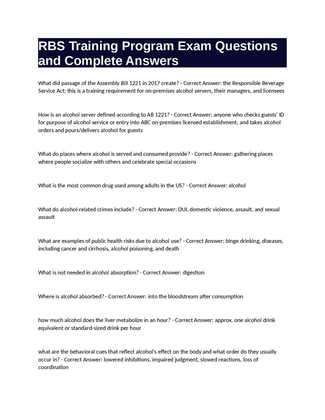 Class 2 Rbs Responsible Beverage Service Act (AB 1221) Training Exam Questions and ...