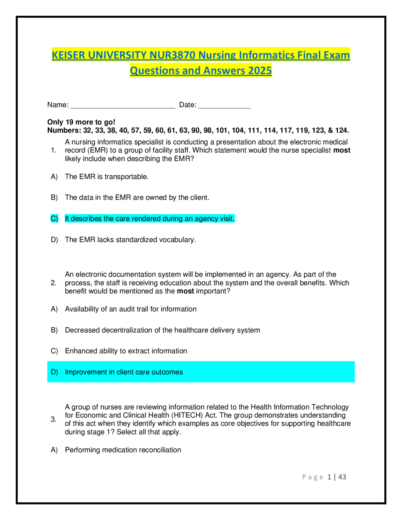 Nursing Informatics Final Exam Questions and Answers - Prof. Woods ...