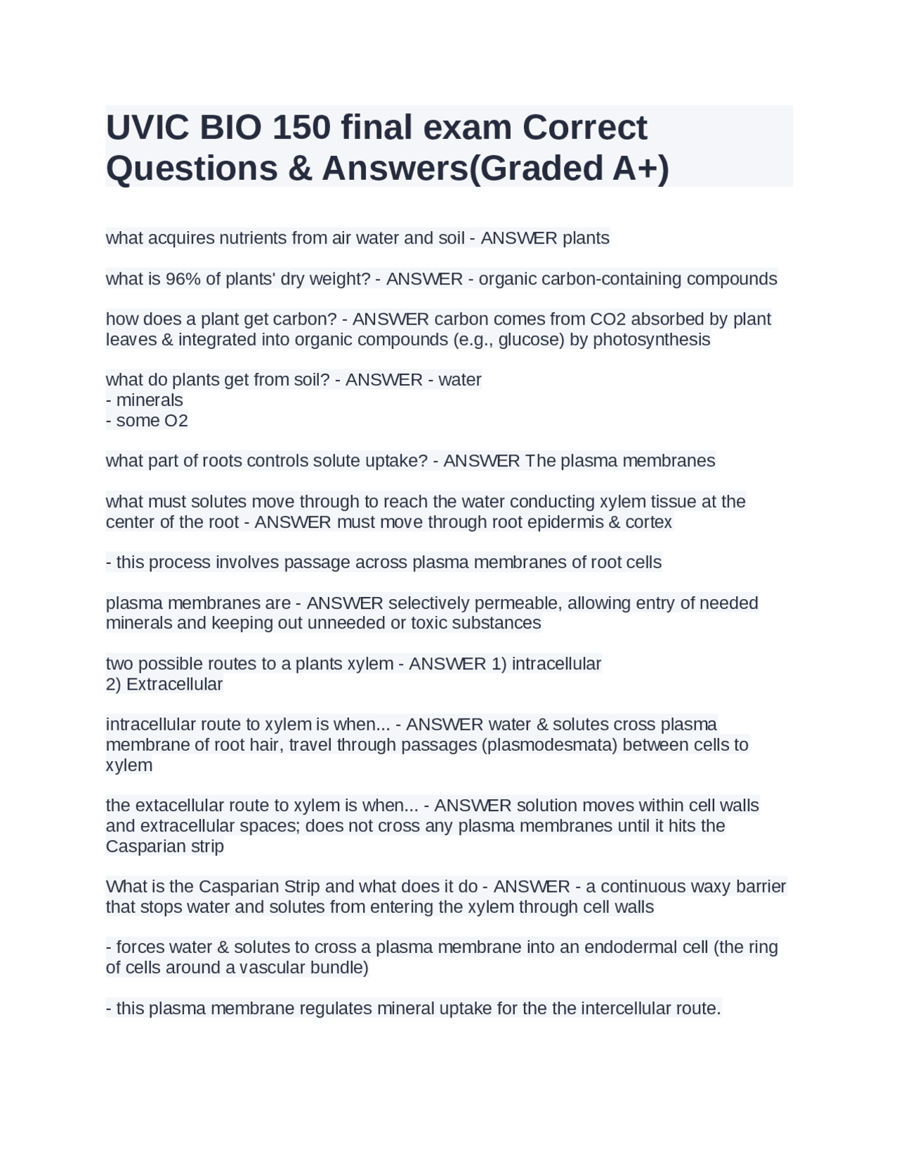 UVIC BIO 150 Final Exam: Plant Biology Questions and Answers | Exams ...