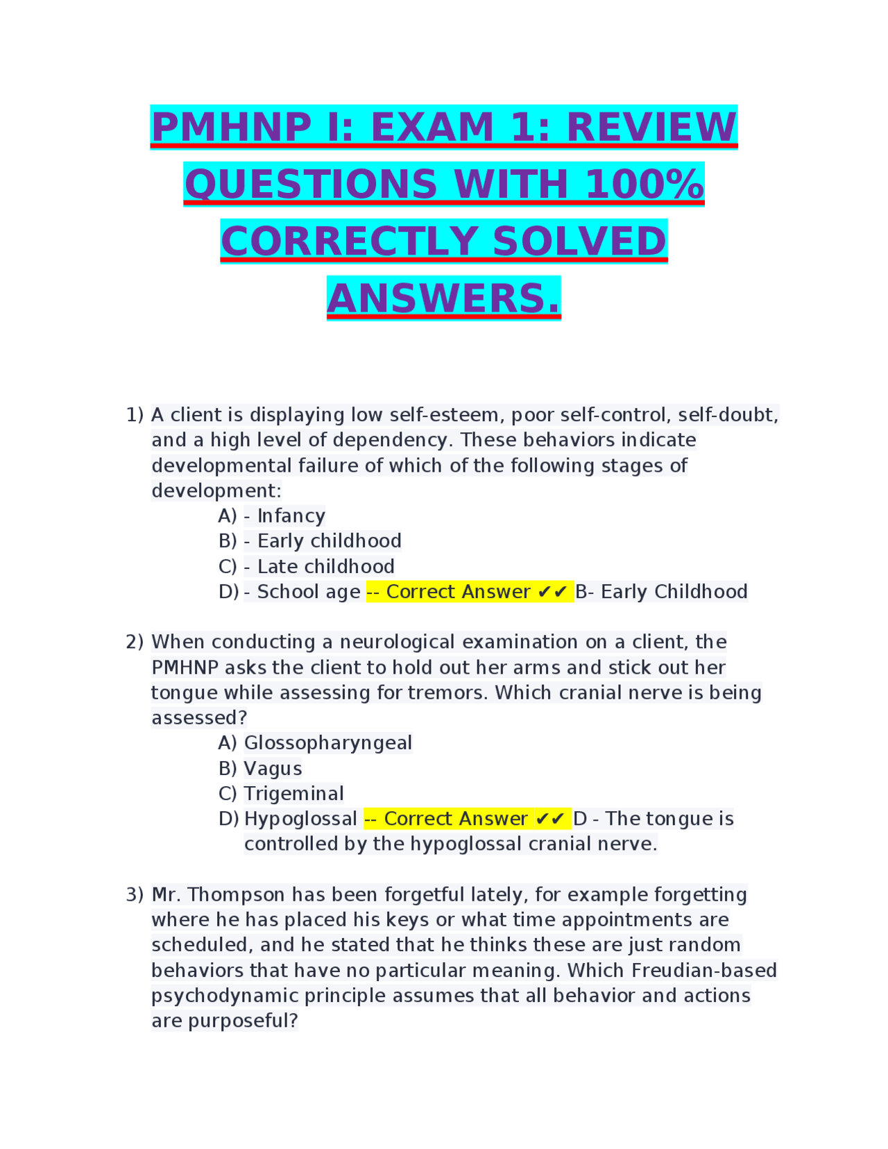 PMHNP I: Exam 1 Review: Questions and Answers | Exams Nursing | Docsity