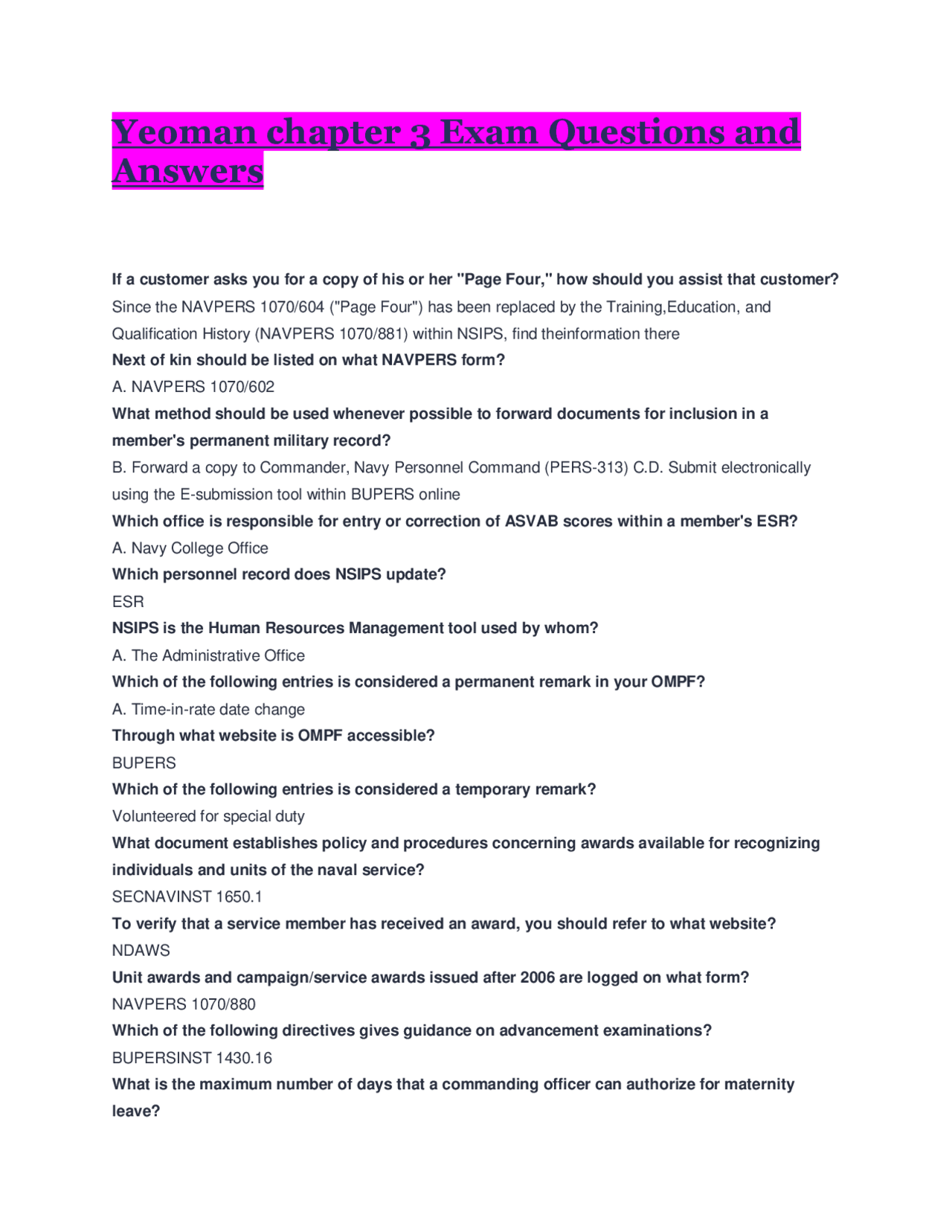 Yeoman Chapter 3 Exam Questions and Answers: Navy Personnel