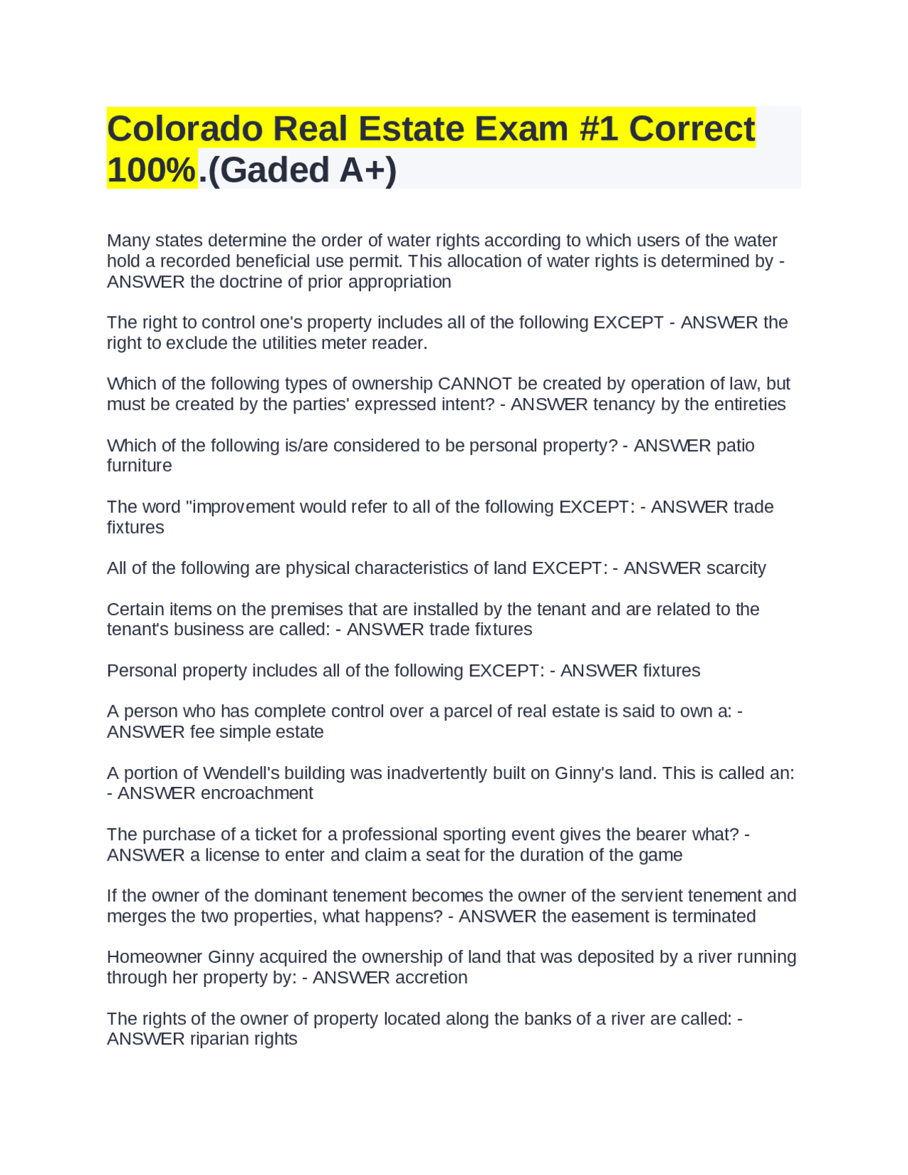 Colorado Real Estate Exam #1: Multiple Choice Questions and Answers ...