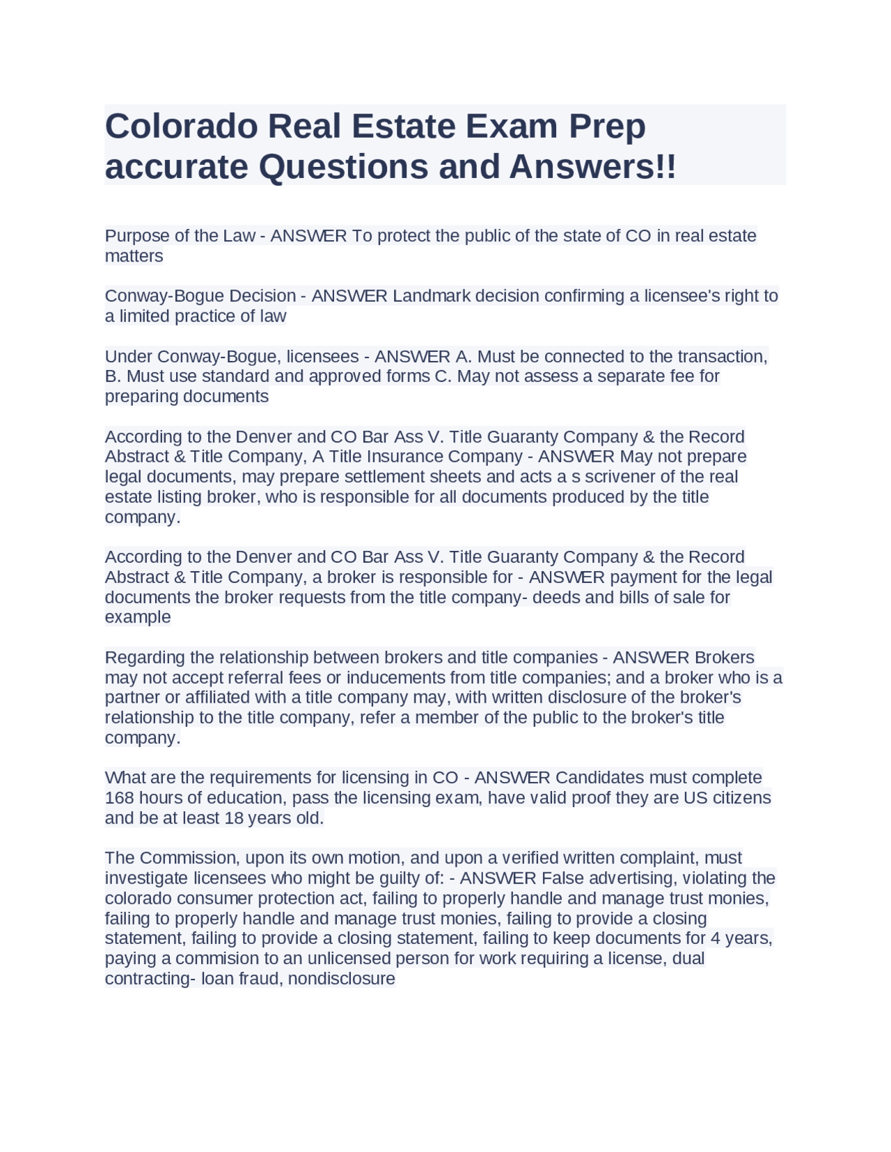 Colorado Real Estate Exam Prep accurate Questions and Answers!! | Exams ...