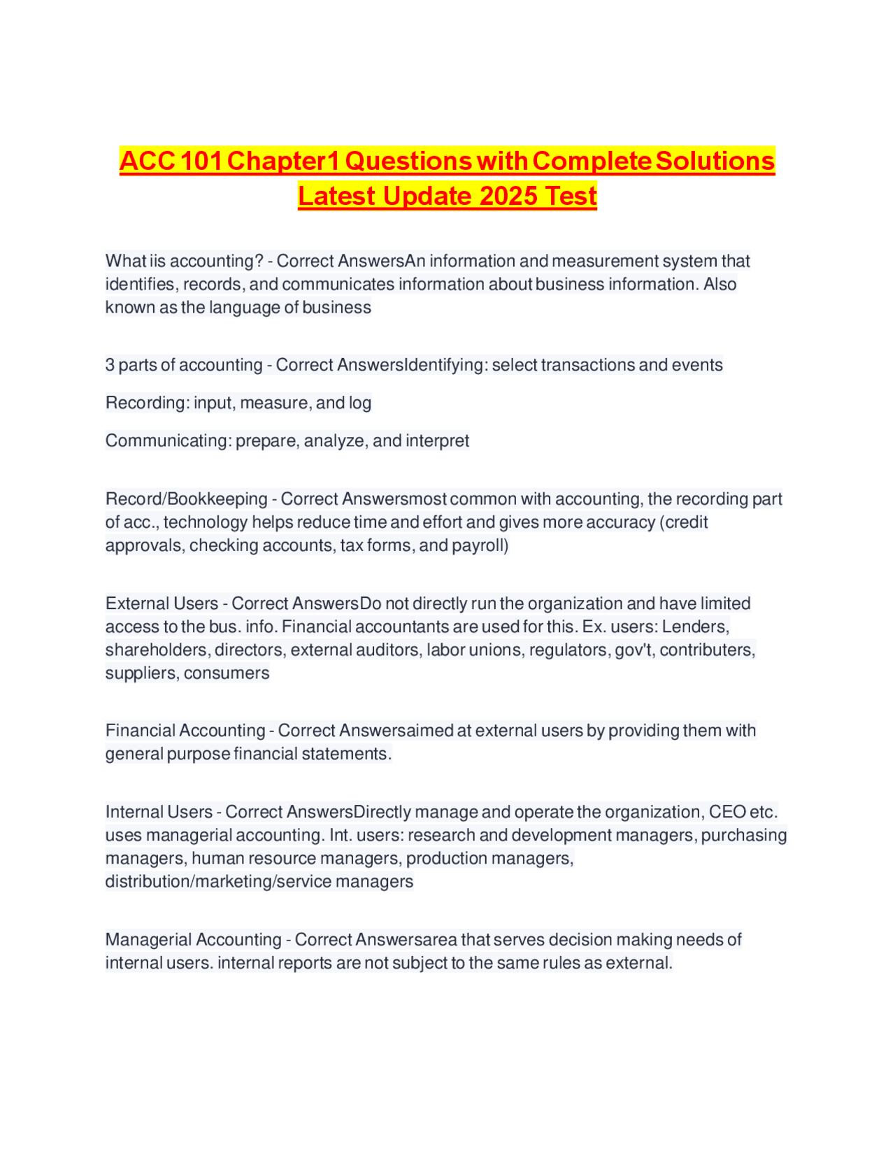 ACC 101 Chapter1 Questions with Complete Solutions Latest Update 2025 ...
