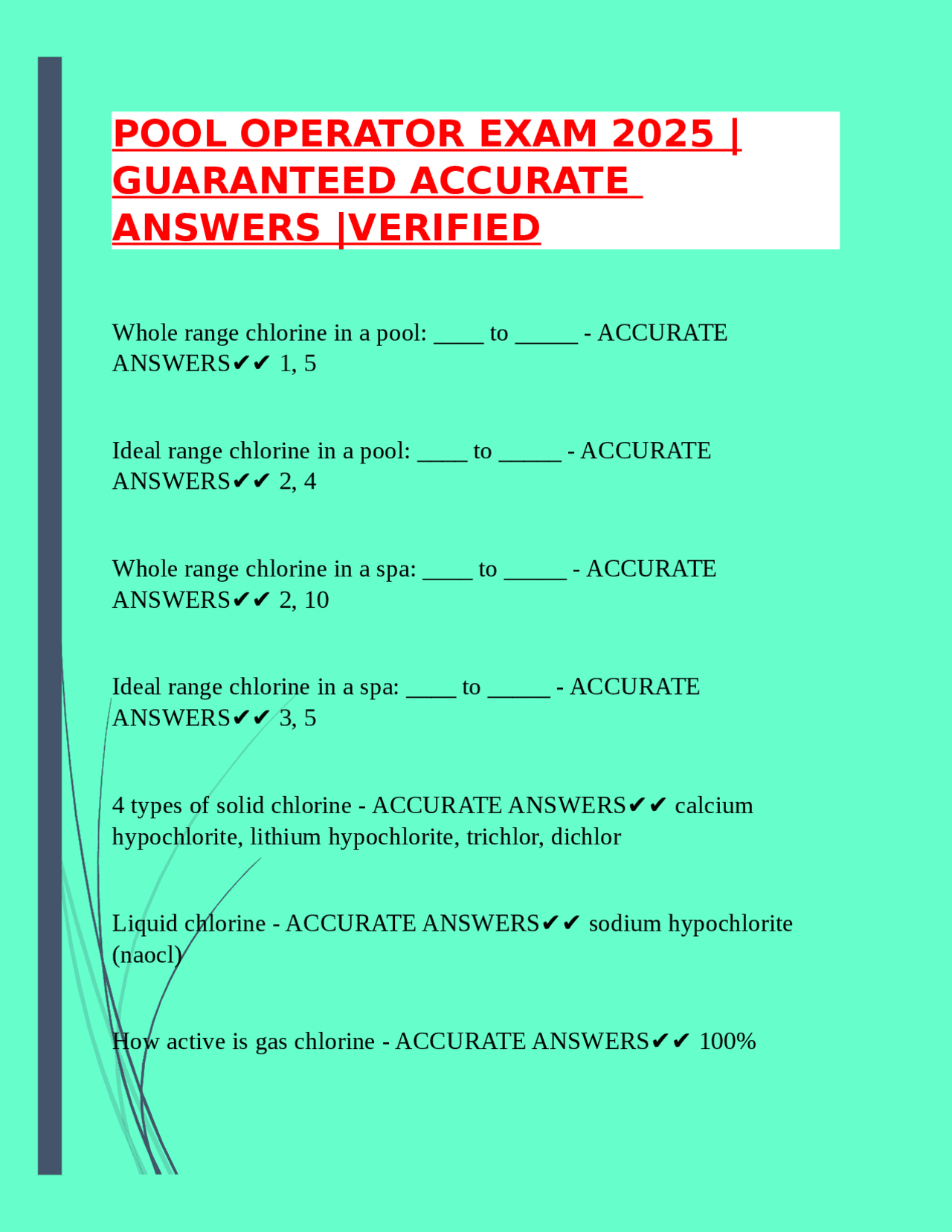 Formulas For Pool Operators POOL OPERATOR EXAM 2025 |GUARANTEED ACCURATE ANSWERS |VERIFIED | Exams ...