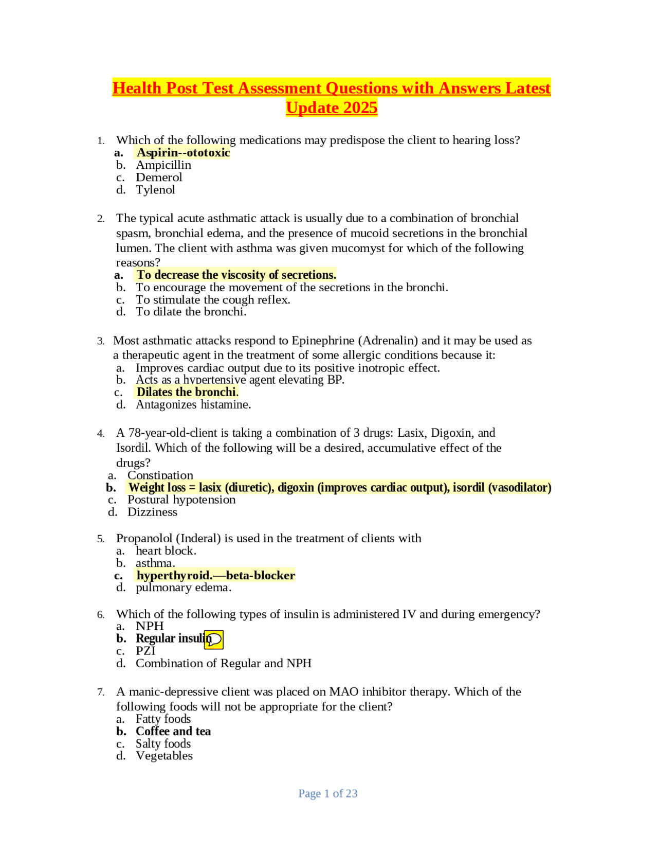 Health Post Test Assessment Questions with Answers Latest Update 2025