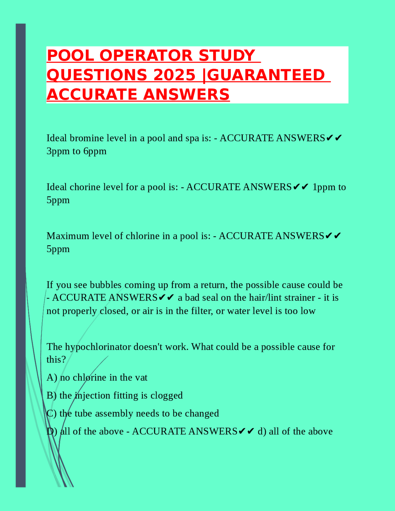 Pool Operator Study Questions and Answers | Exams Nursing | Docsity