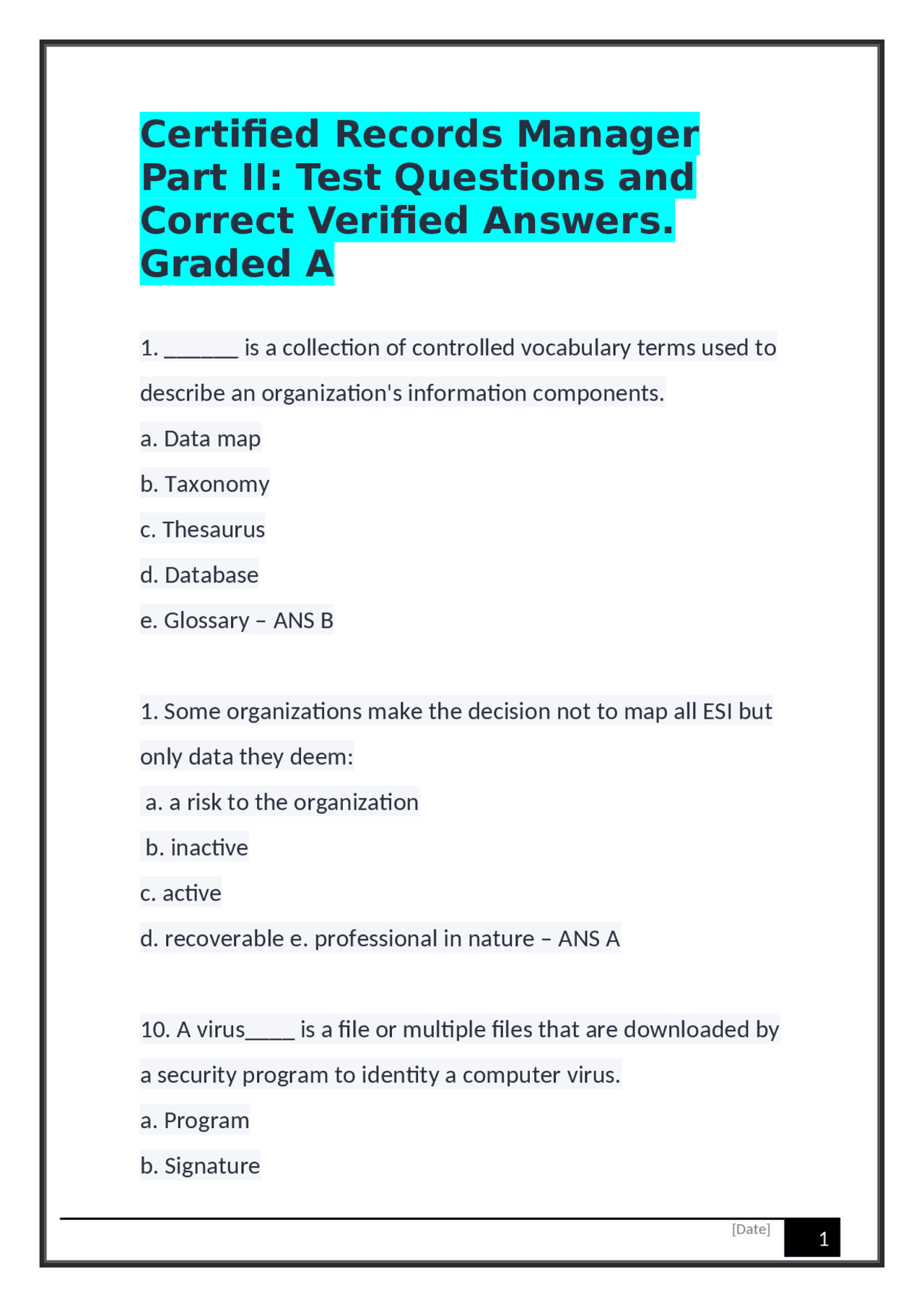 Certified Records Manager Part II: Test Questions and Correct Verified Answers | Exams Medical ...