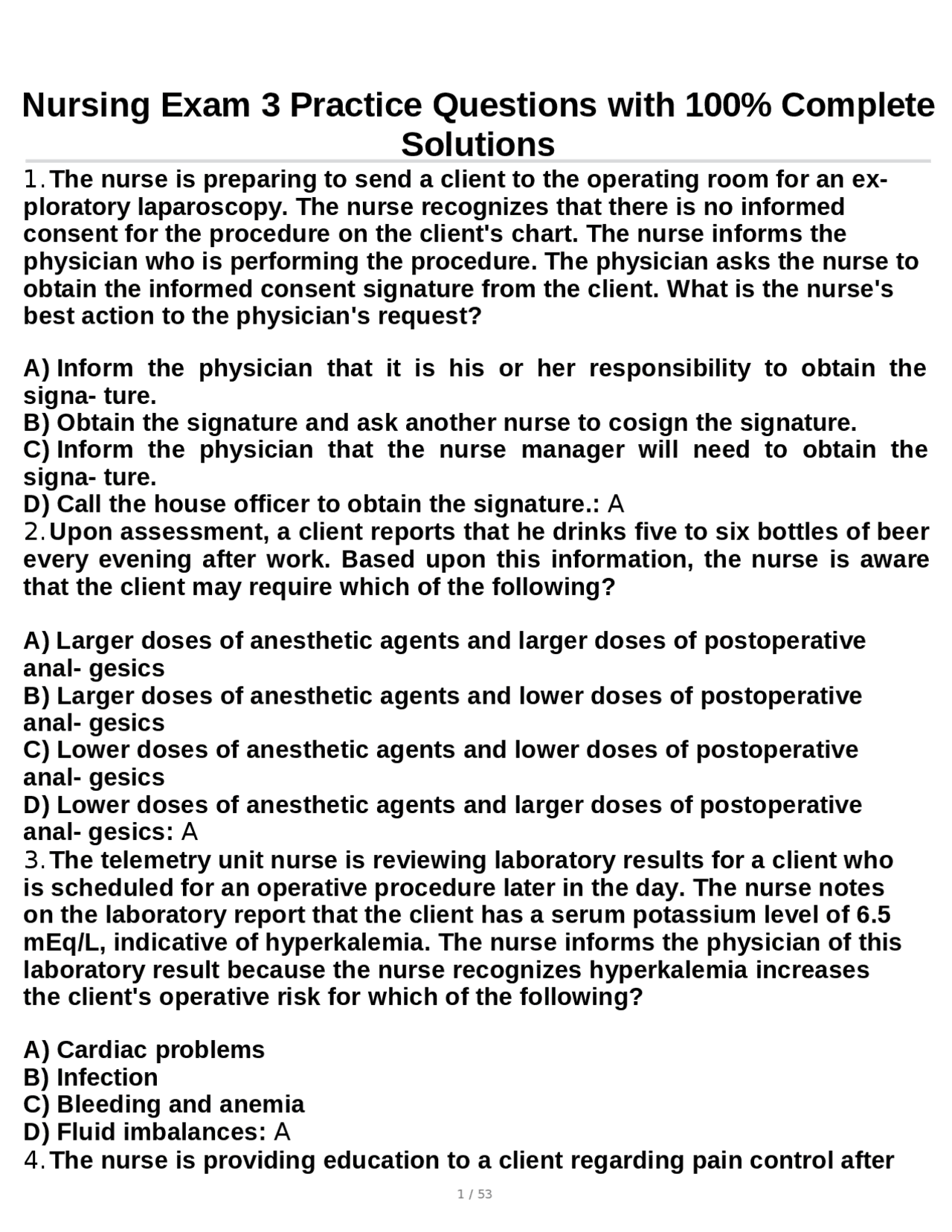 Nursing Exam 3 Practice Questions with 100% Complete Solutions | Exams ...