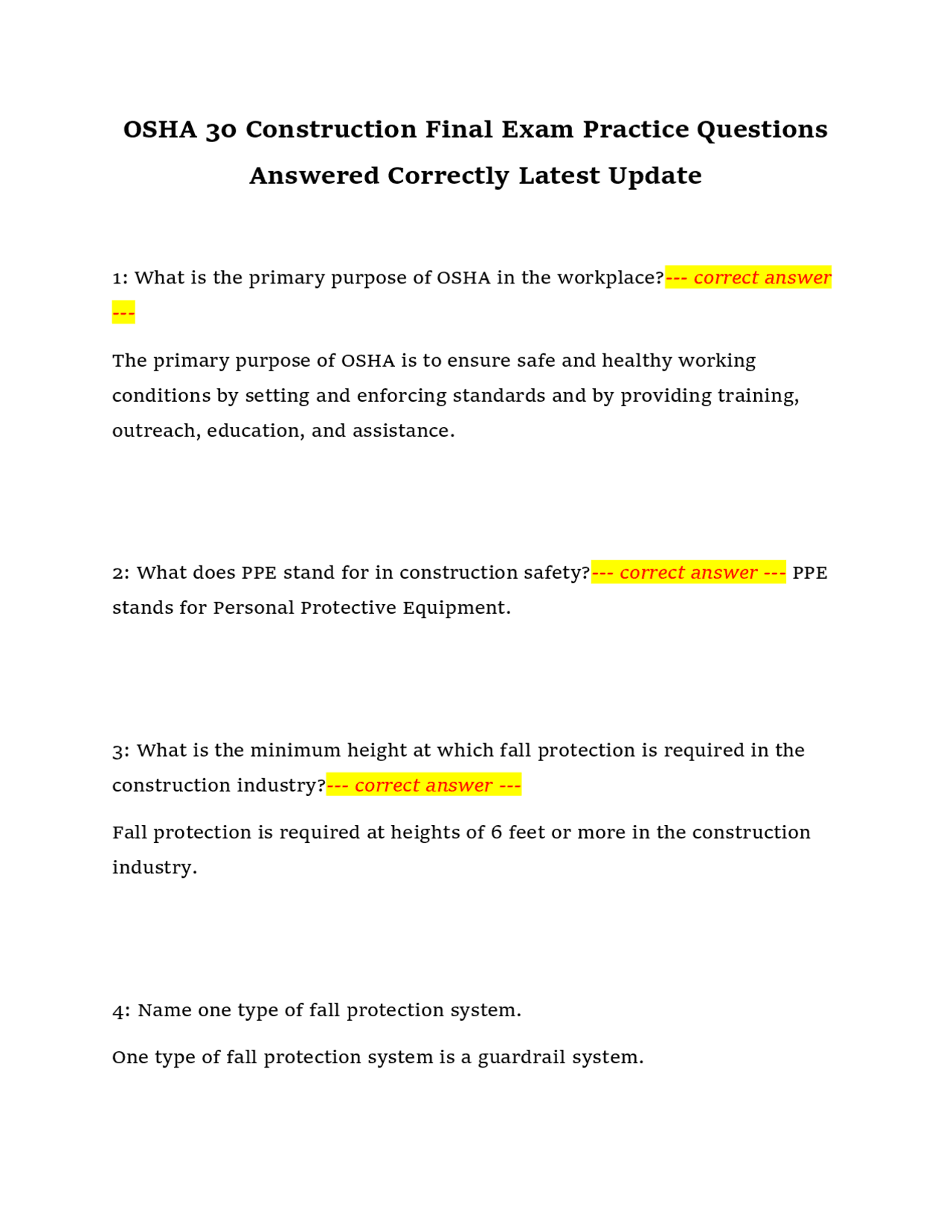 OSHA 30 Construction Final Exam Practice Questions Answered Correctly Latest Update | Exams ...